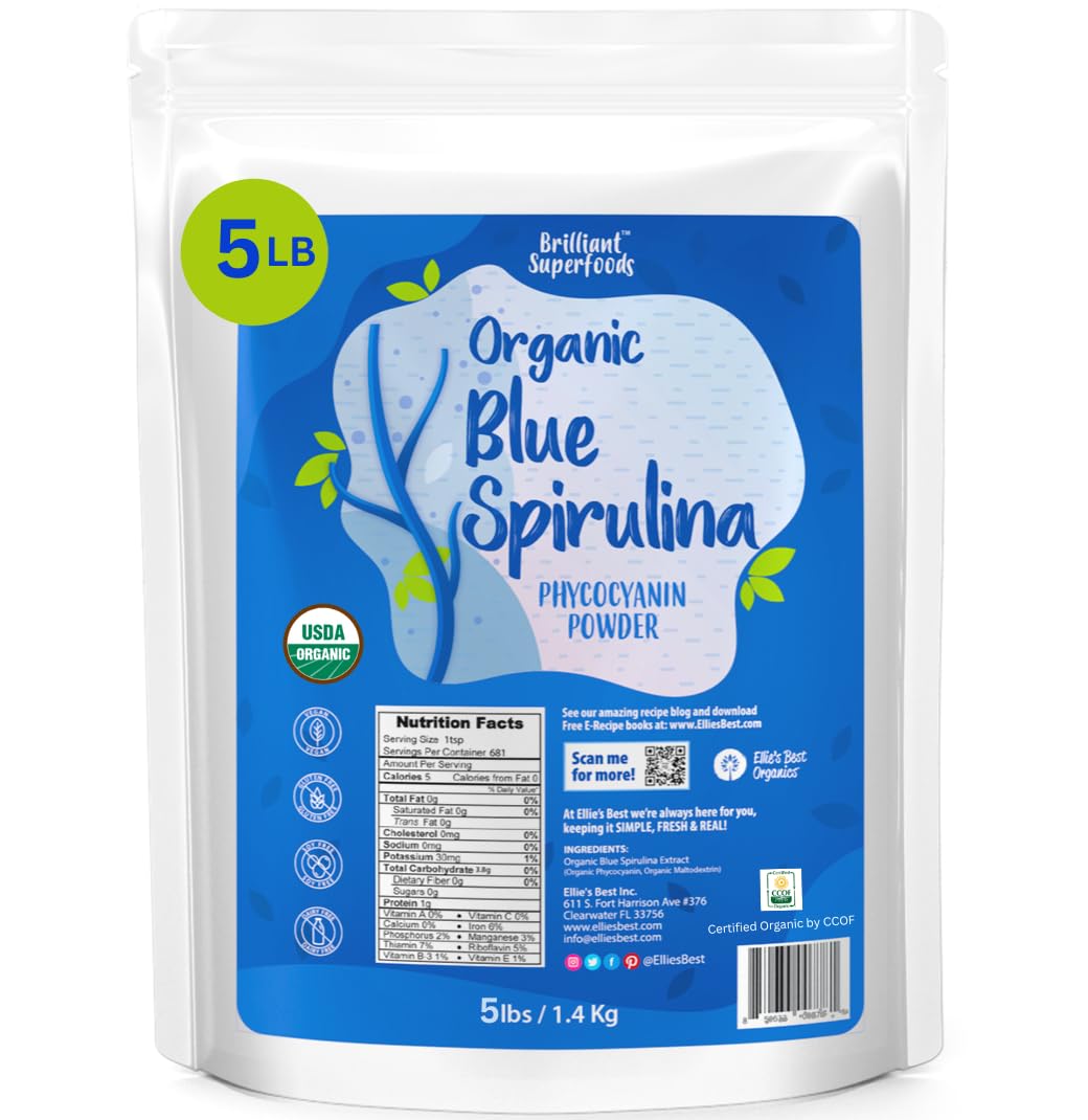Ellie's Best poudre spiruline bleue indigo, pratique pour smoothies protéinés.