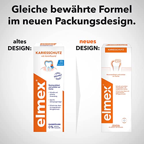 Elmex Kariesschutz etiquette du flacon, pratique pour une routine bucco-dentaire régulière et rafraîchissante.
