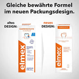 Elmex Kariesschutz etiquette du flacon, pratique pour une routine bucco-dentaire régulière et rafraîchissante.