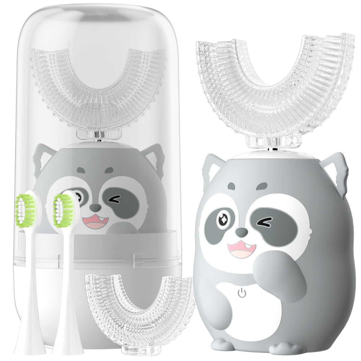 Brosse ELOTAME pour enfants en U, design cartoon gris, brossage amusant et efficace