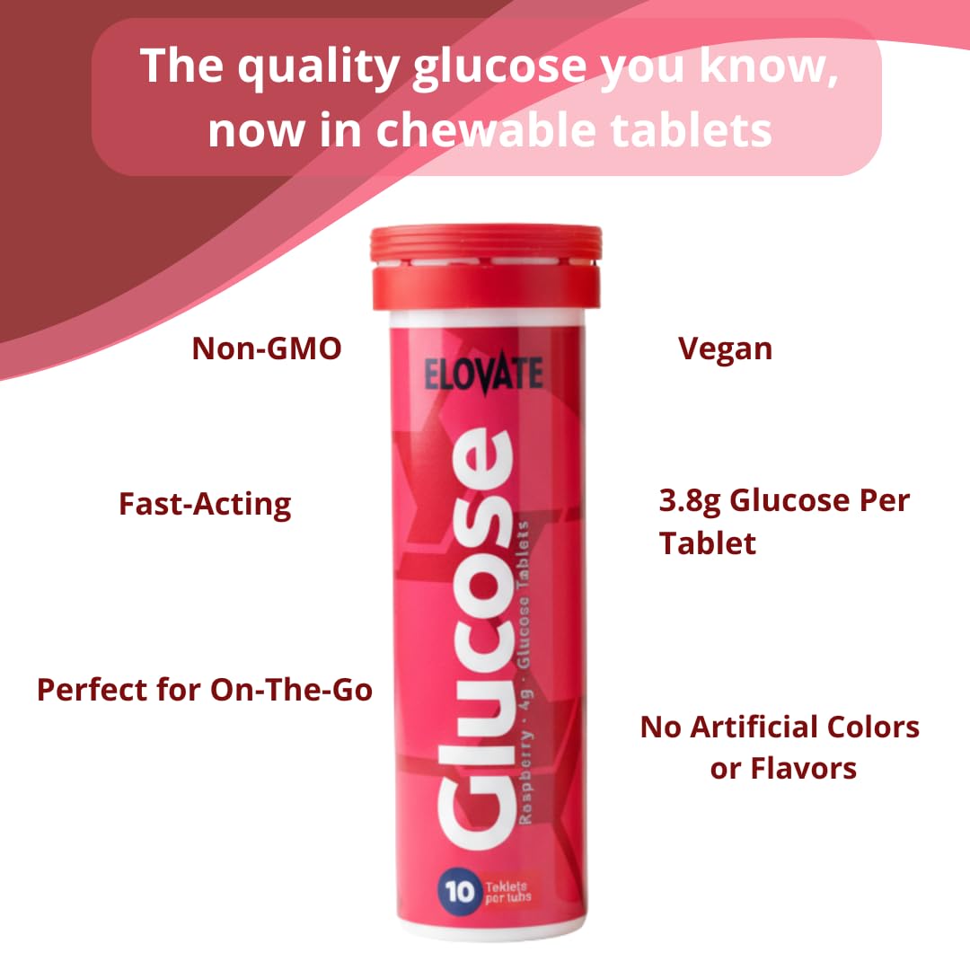 Tablettes glucose ELOVATE, framboise, mâchage facile et rapide.