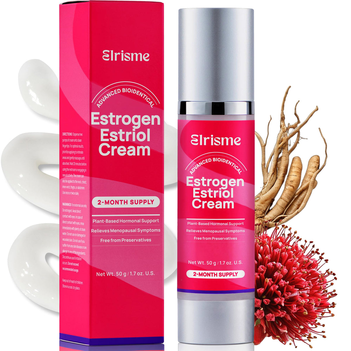 Elrisme Estriol Crème : flacon indiquant hydratation intime et confort potentiel.