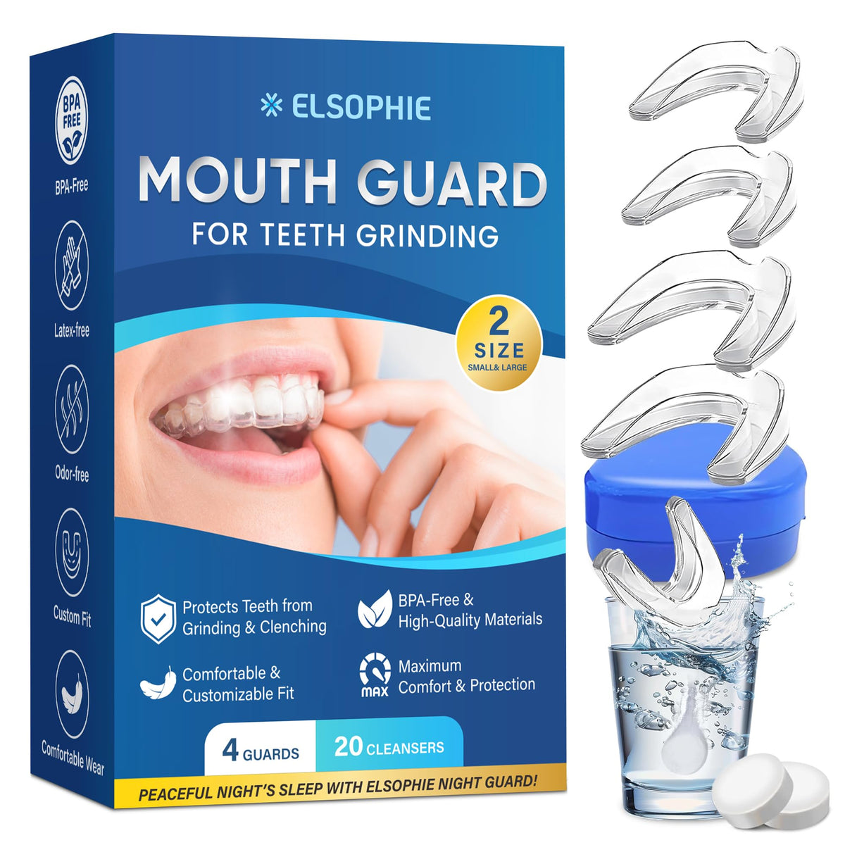 Elsophie garde-dents contre le grincement nocturne en place pour une nuit plus calme.