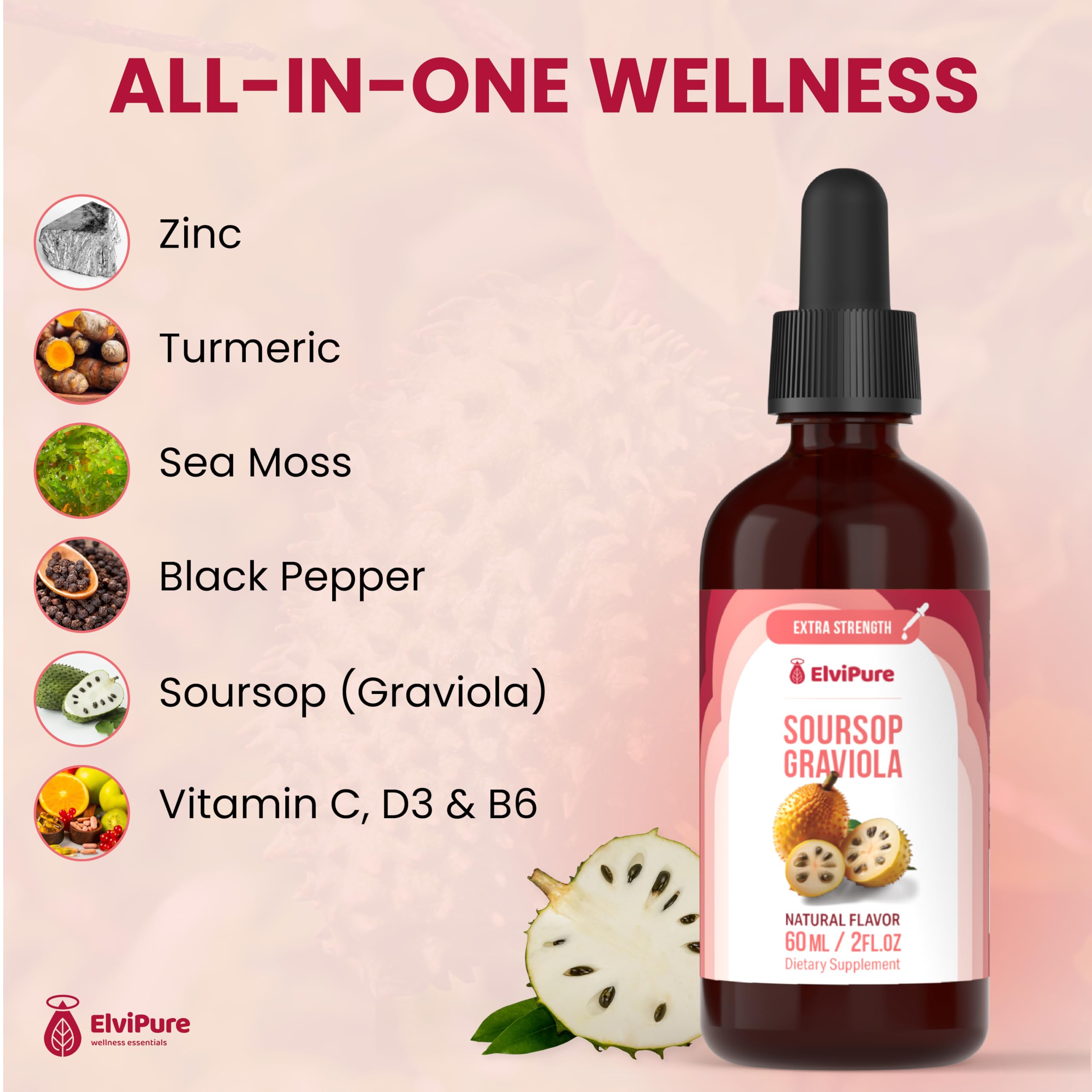 ElviPure Soursop Bitters – etiquette claire pour dosages simples et sûrs.