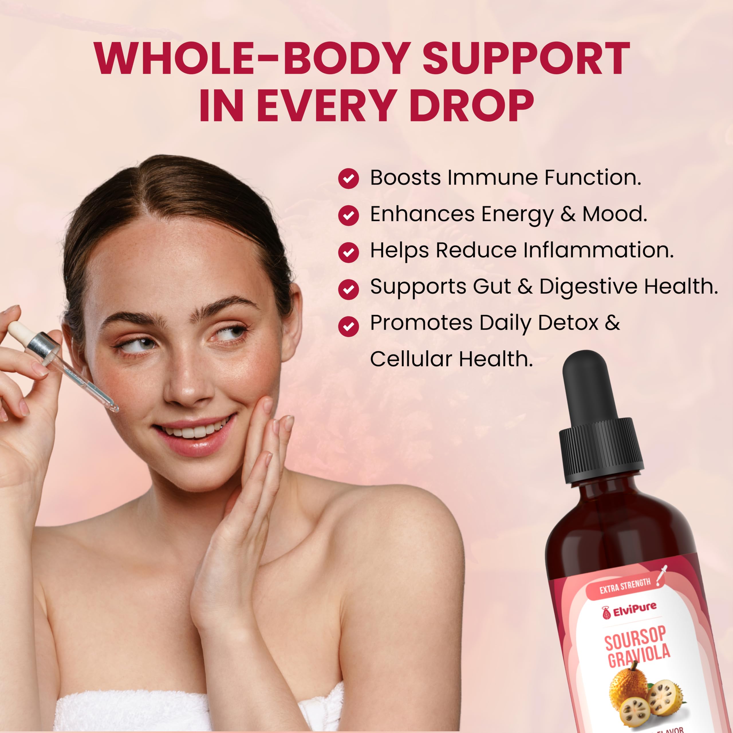 ElviPure Soursop Bitters – pipette-doseuse intégrée pour dosages précis et propres.