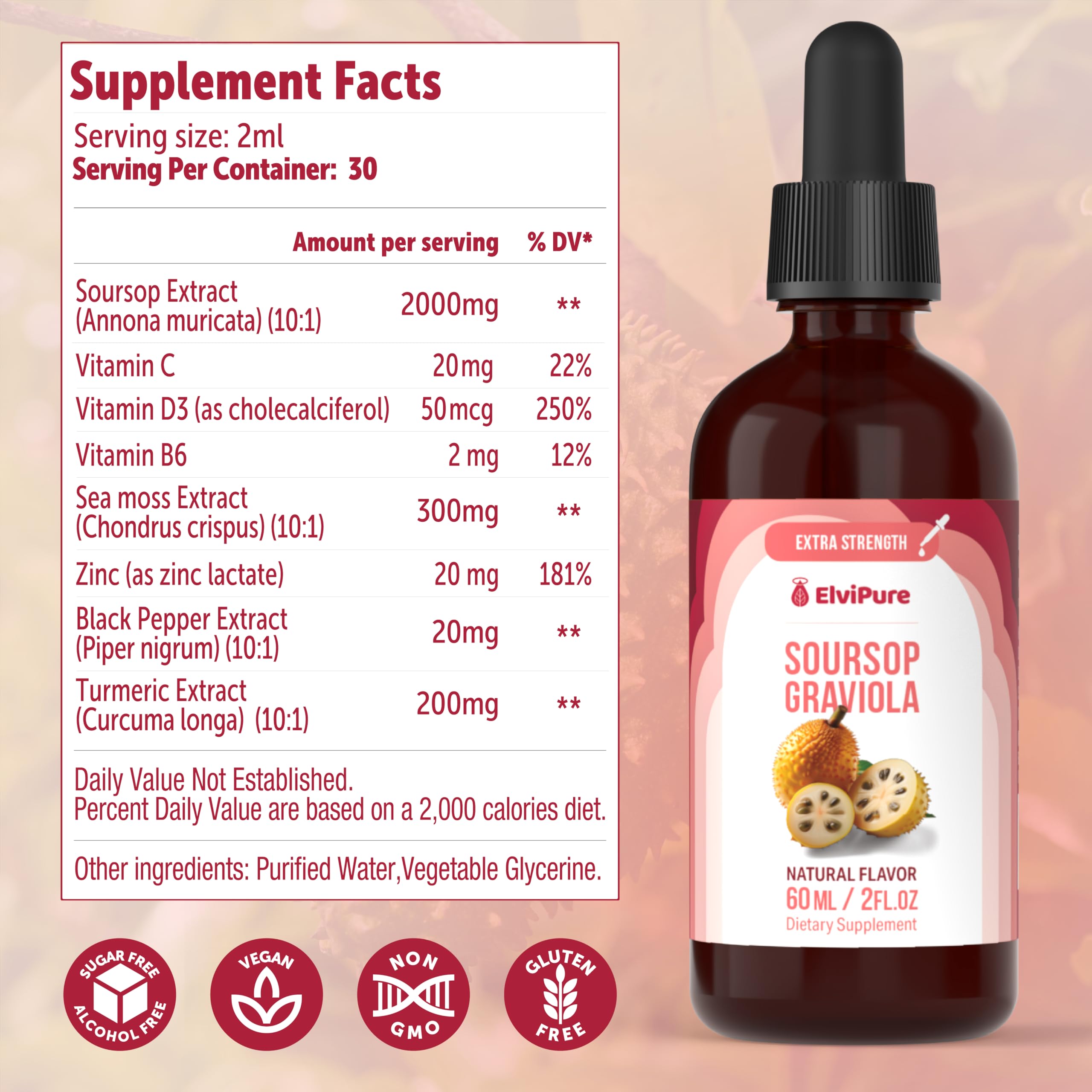 ElviPure Soursop Bitters – utilisation quotidienne possible avec eau ou jus.