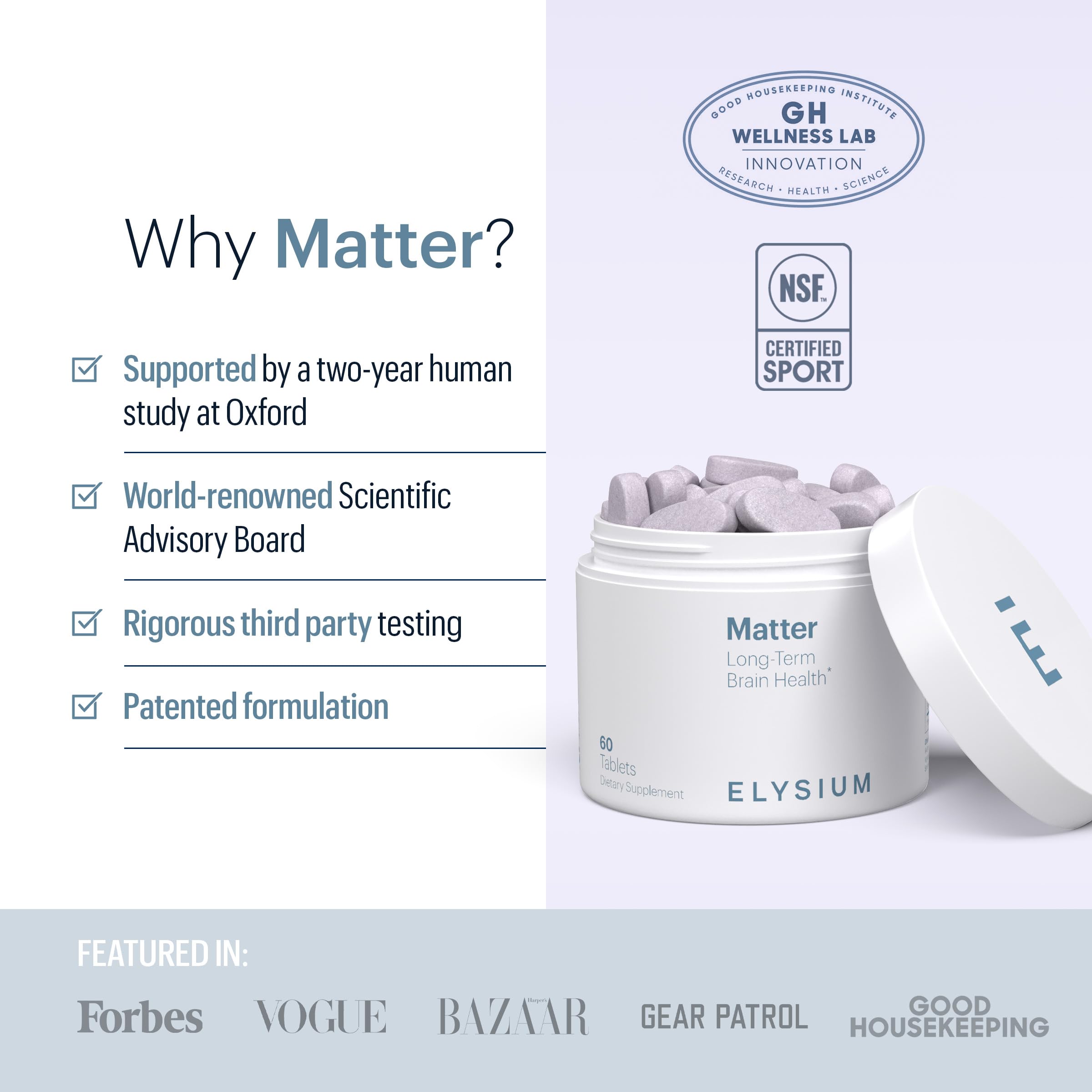 Composition tri‑vitaminée et oméga3 avancés pour le soutien cognitif d'ELYSIUM Matter.