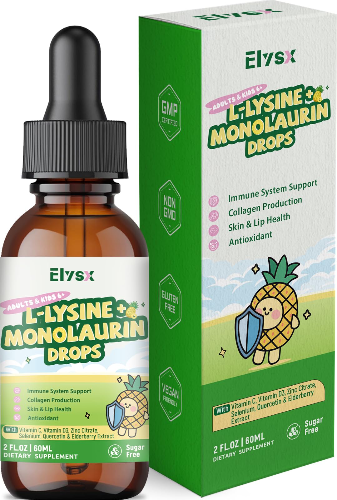 Gouttes L-Lysine Monolaurine d’Elysx en bouteille, soutien potentiel à l’immunité et à la peau.