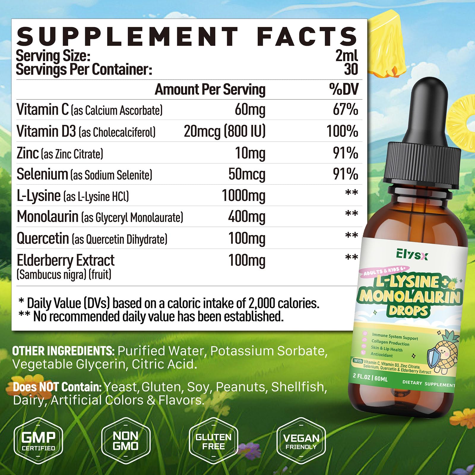 Doseur pratique des gouttes L-Lysine Monolaurine Elysx pour dosage précis.