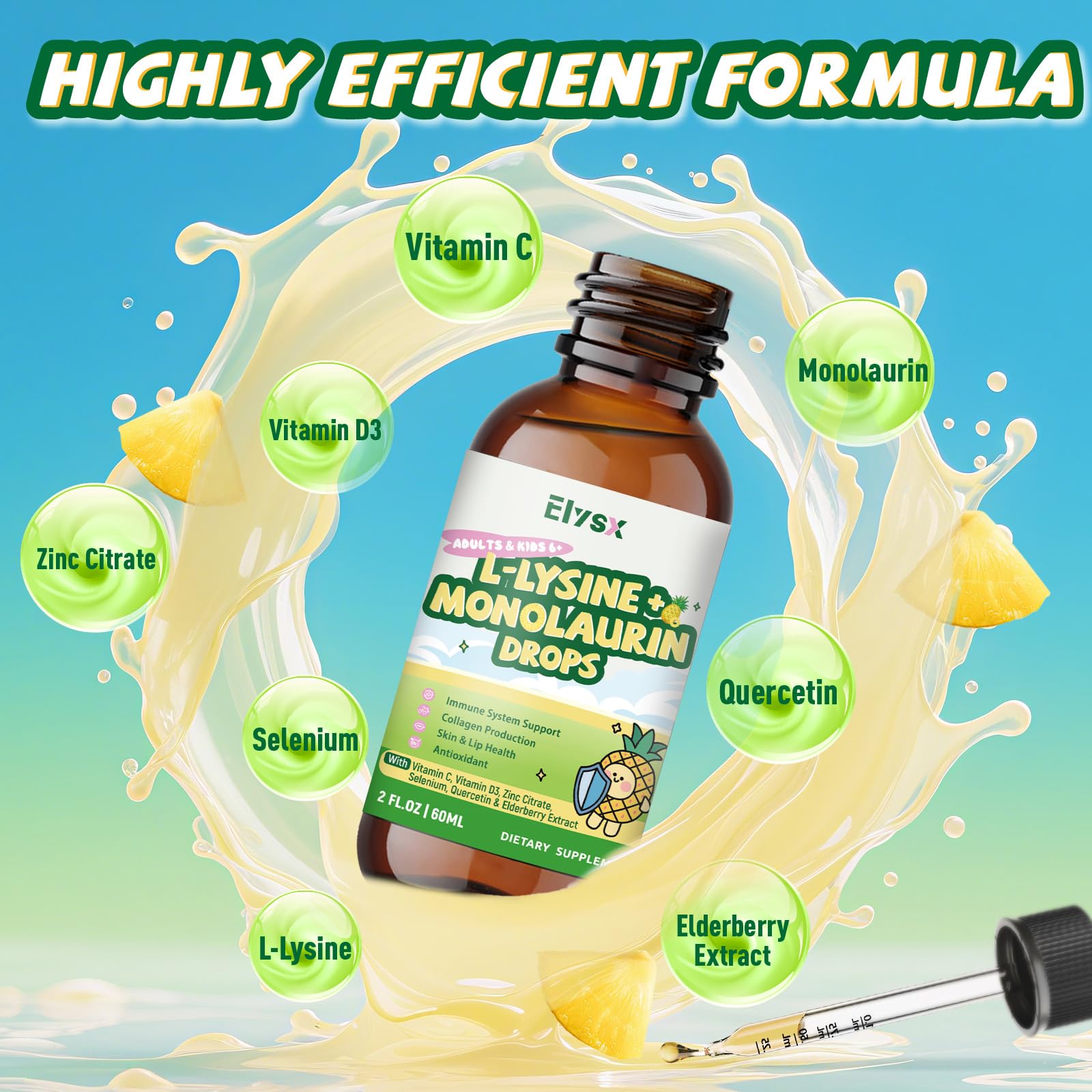 Ingrédients clés L-Lysine Monolaurine Elysx et vitamines pour le bien-être général.