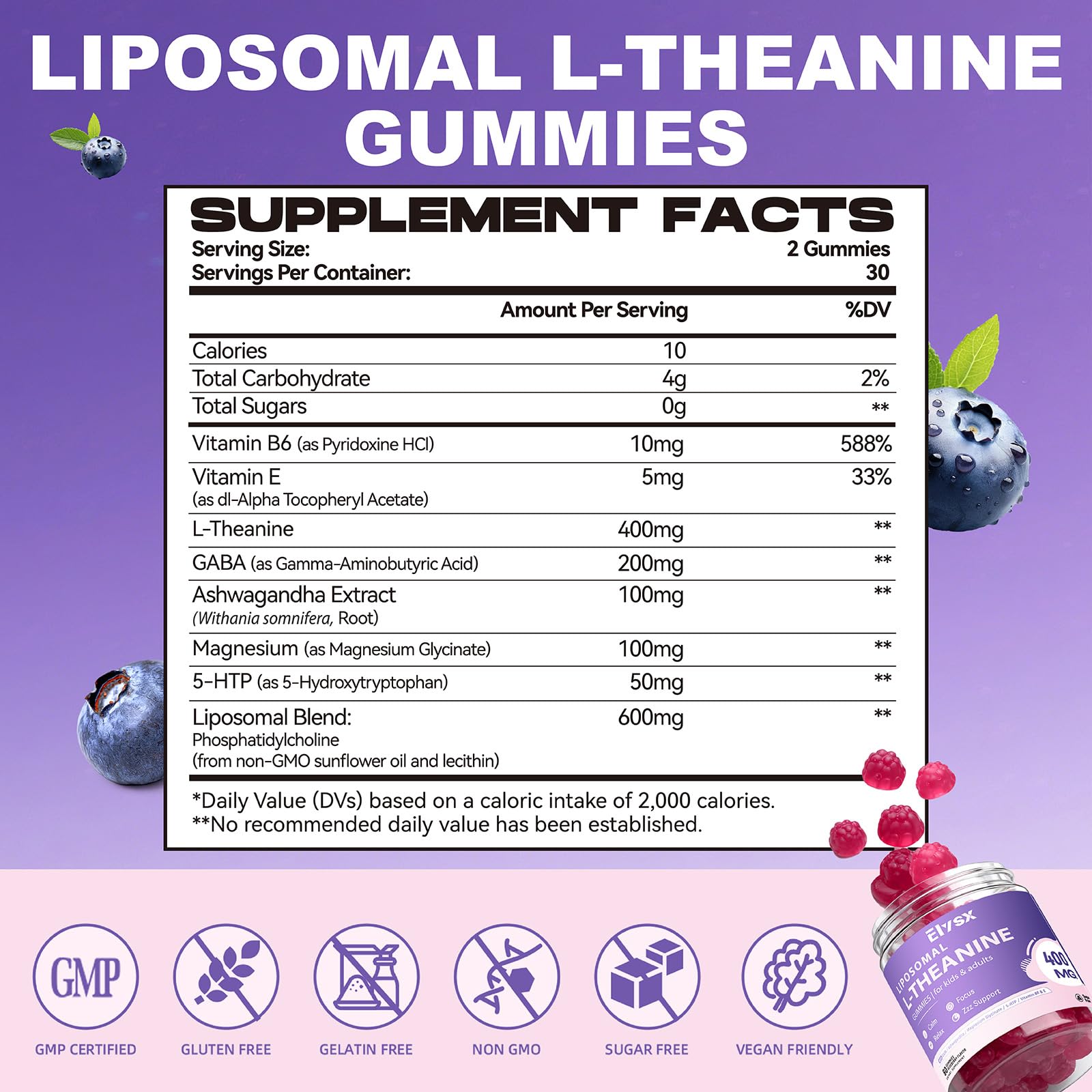 Étiquette Elysx L-Théanine affichant dosage et ingrédients.
