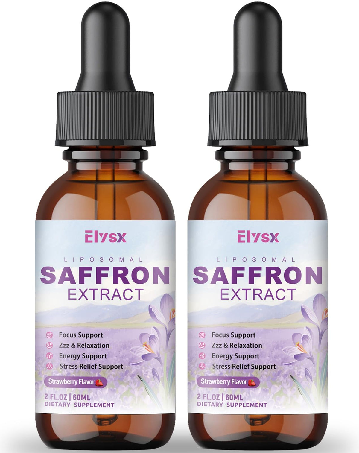 Elysx Safran Liposomal flacon: présentation claire de la formule avancée pour relaxation et concentration.