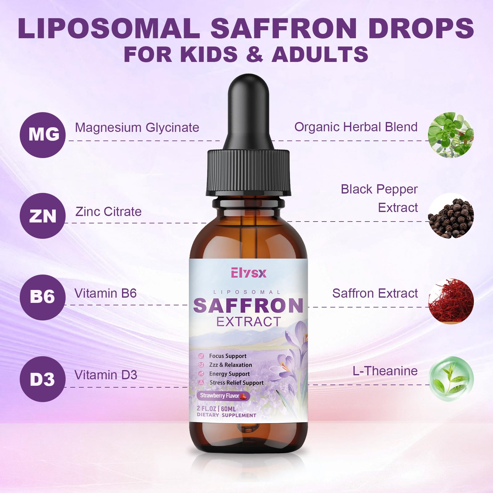 Elysx Safran Liposomal gout de fraise: goût agréable facilitant ingestion et absorption.