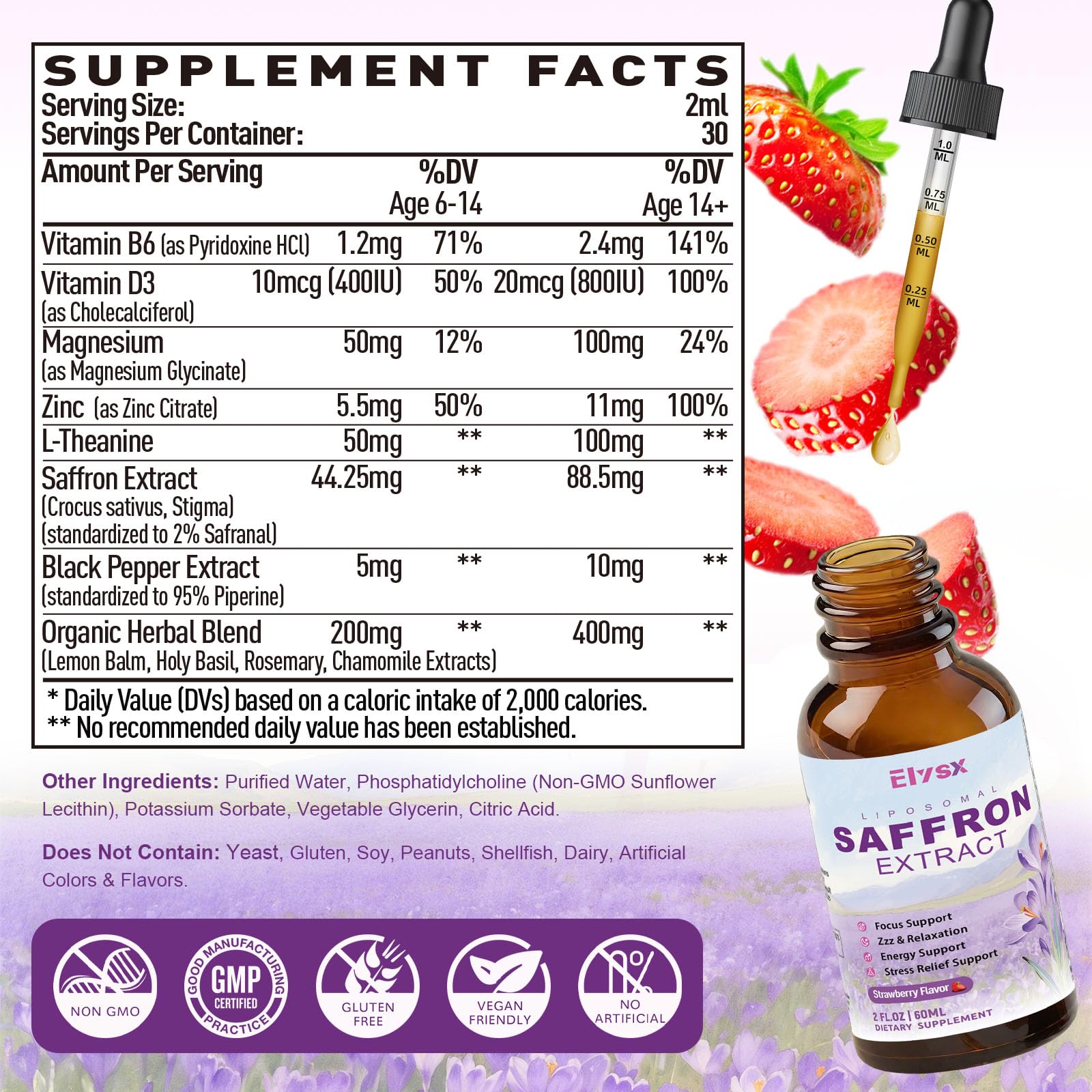 Elysx Safran Liposomal gouttes 2ml: dosage facile pour rituel quotidien sans effort.