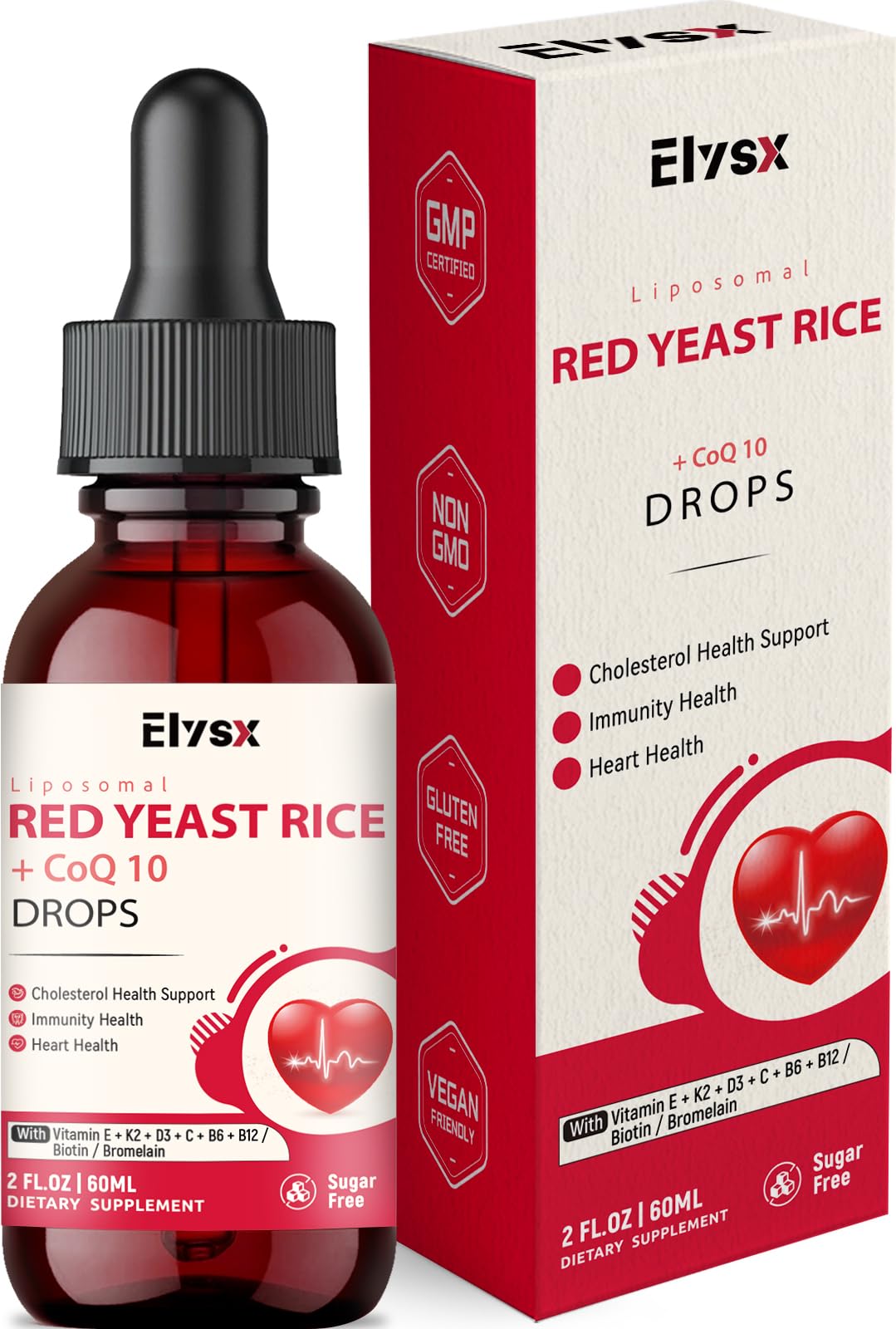Gouttes liposomales Elysx riz rouge en bouteille pour une utilisation quotidienne pratique.