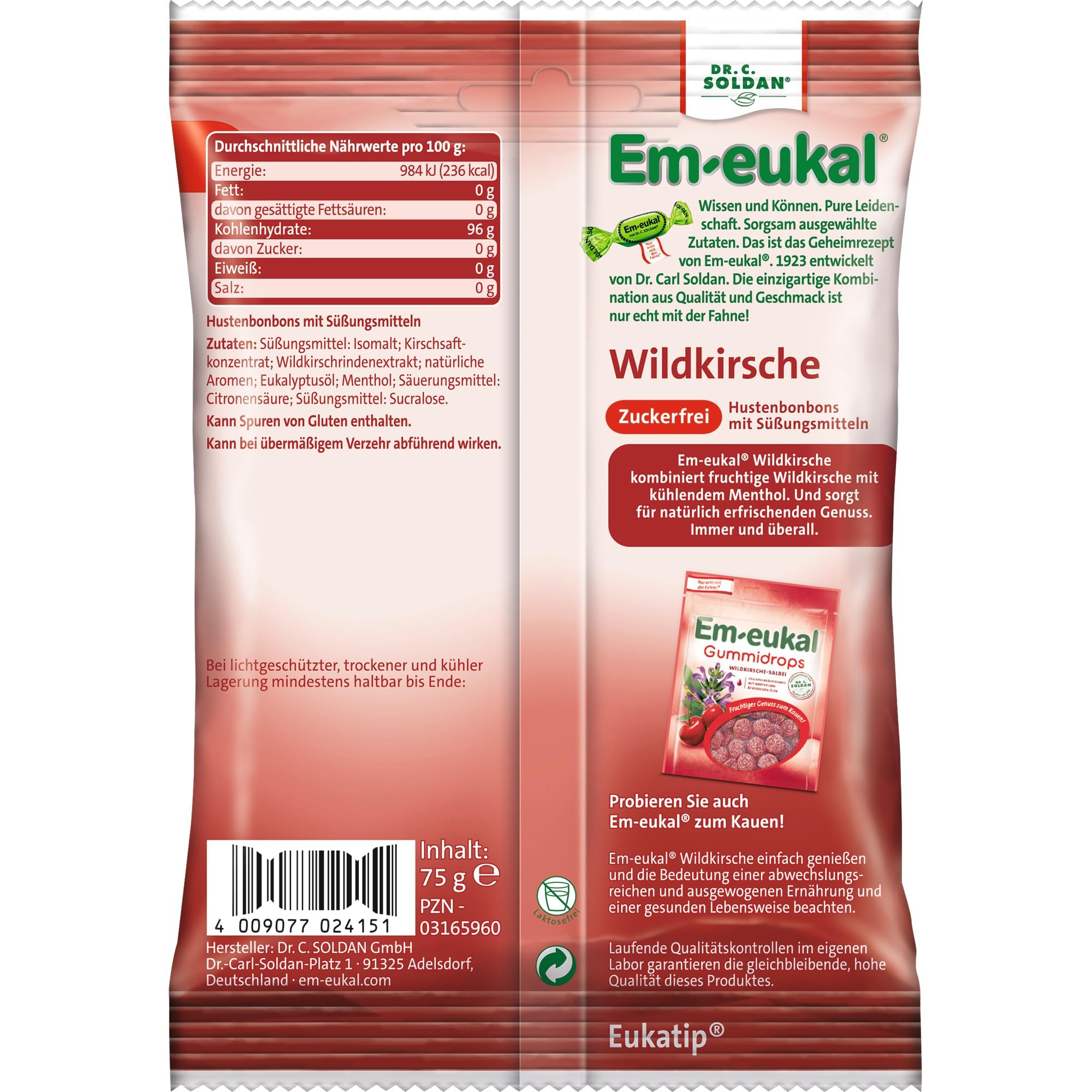 Bonbons Em-Eukal cerise sauvage sans sucre — texture fruitée et rafraîchissante.