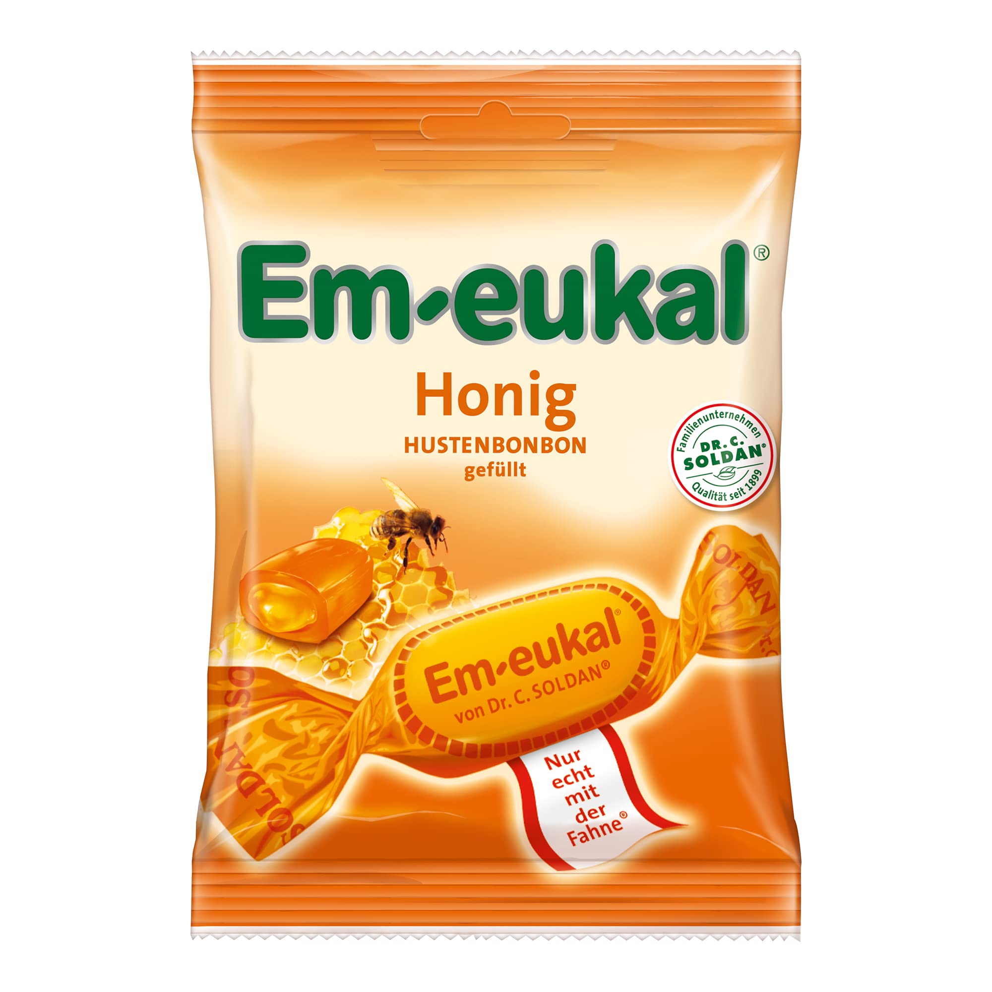 Em-eukal, bonbons gorge miel, emballage pratique 75 g pour déplacements.