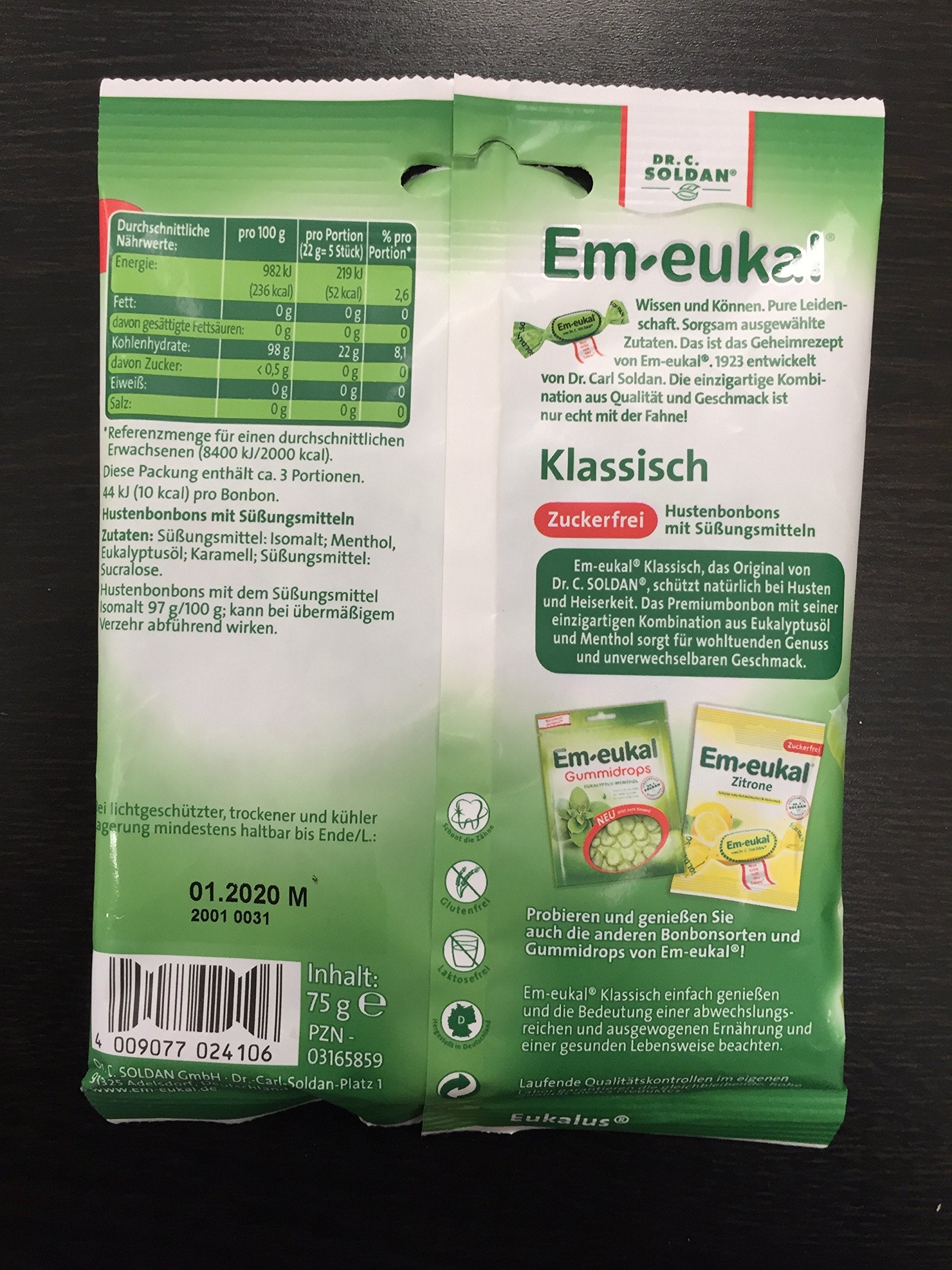 Em-Eukal Dr C Soldan Classique Sans Sucre, emballage pratique, idéal en voyage.