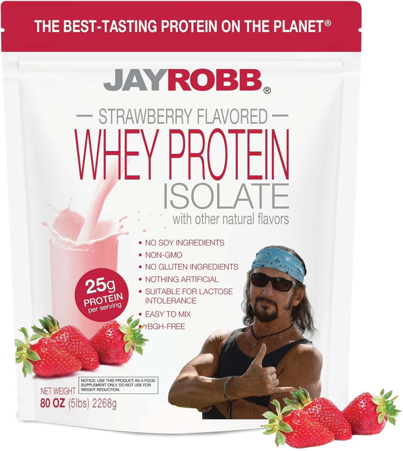 JAYROBB Whey Protein Fraise dans l'emballage, source pratique de protéines.