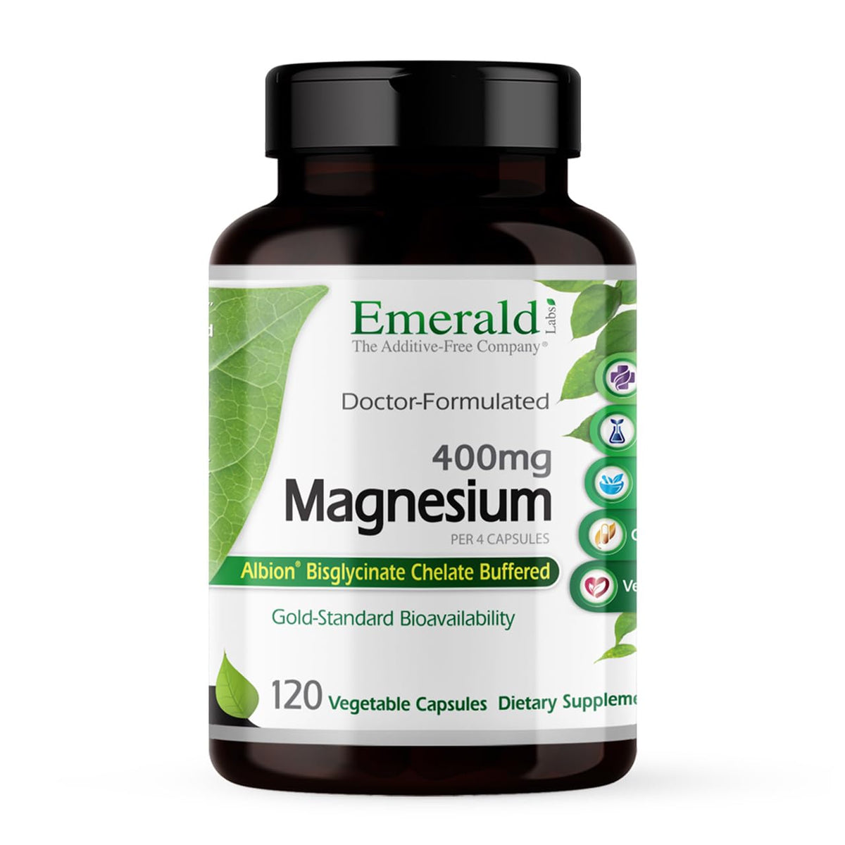 Emerald Labs Magnésium 400 mg dans une bouteille – soutien osseux potentiel et relaxation.