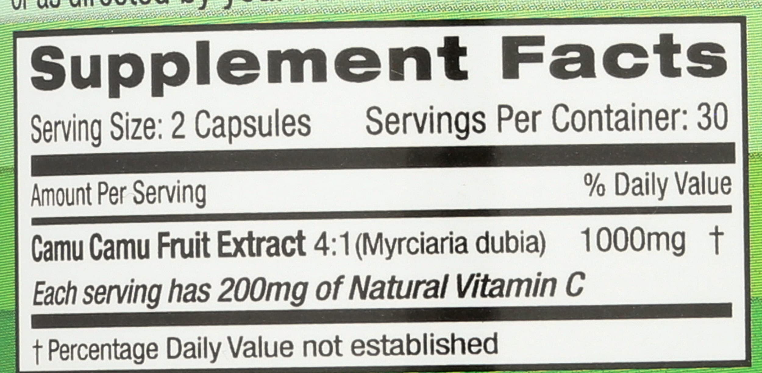 Étiquette Emerald Labs Camu Camu avec informations sur les ingrédients