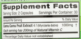 Étiquette Emerald Labs Camu Camu avec informations sur les ingrédients