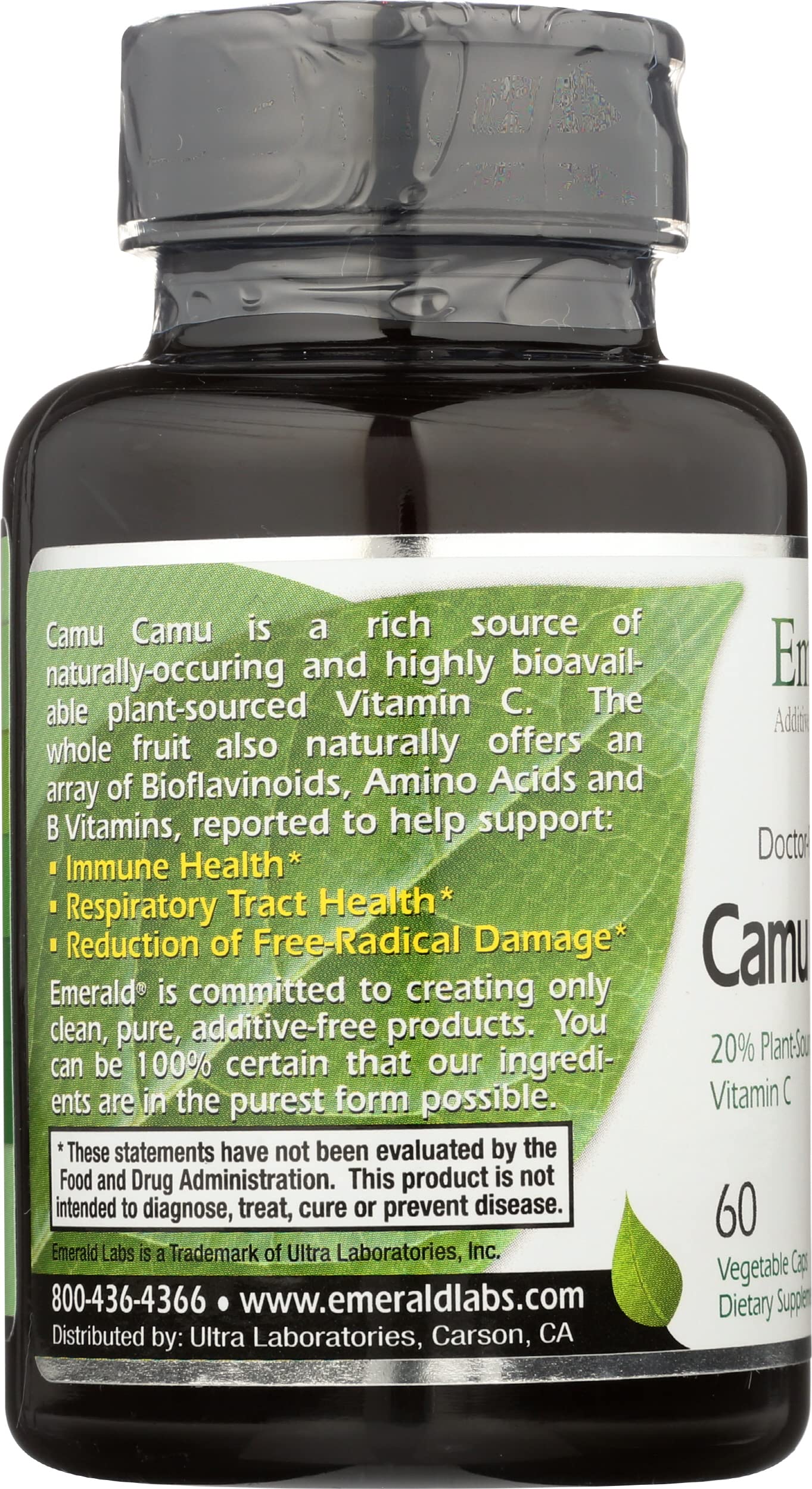 Étiquette sans gluten et végan sur Emerald Labs Camu Camu