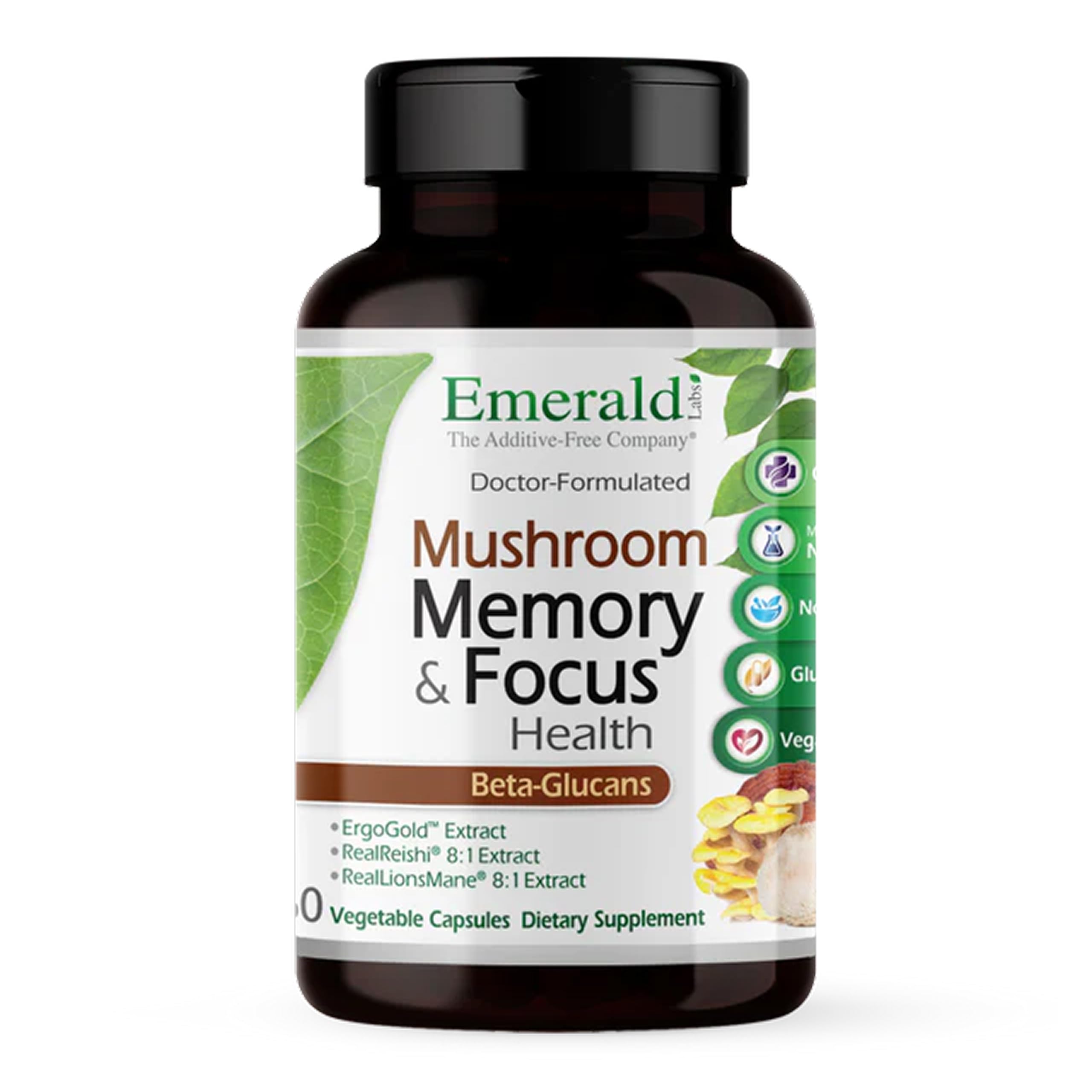 Emerald Labs Mushroom Memory & Focus Health, bouteille; soutien potentiel de concentration