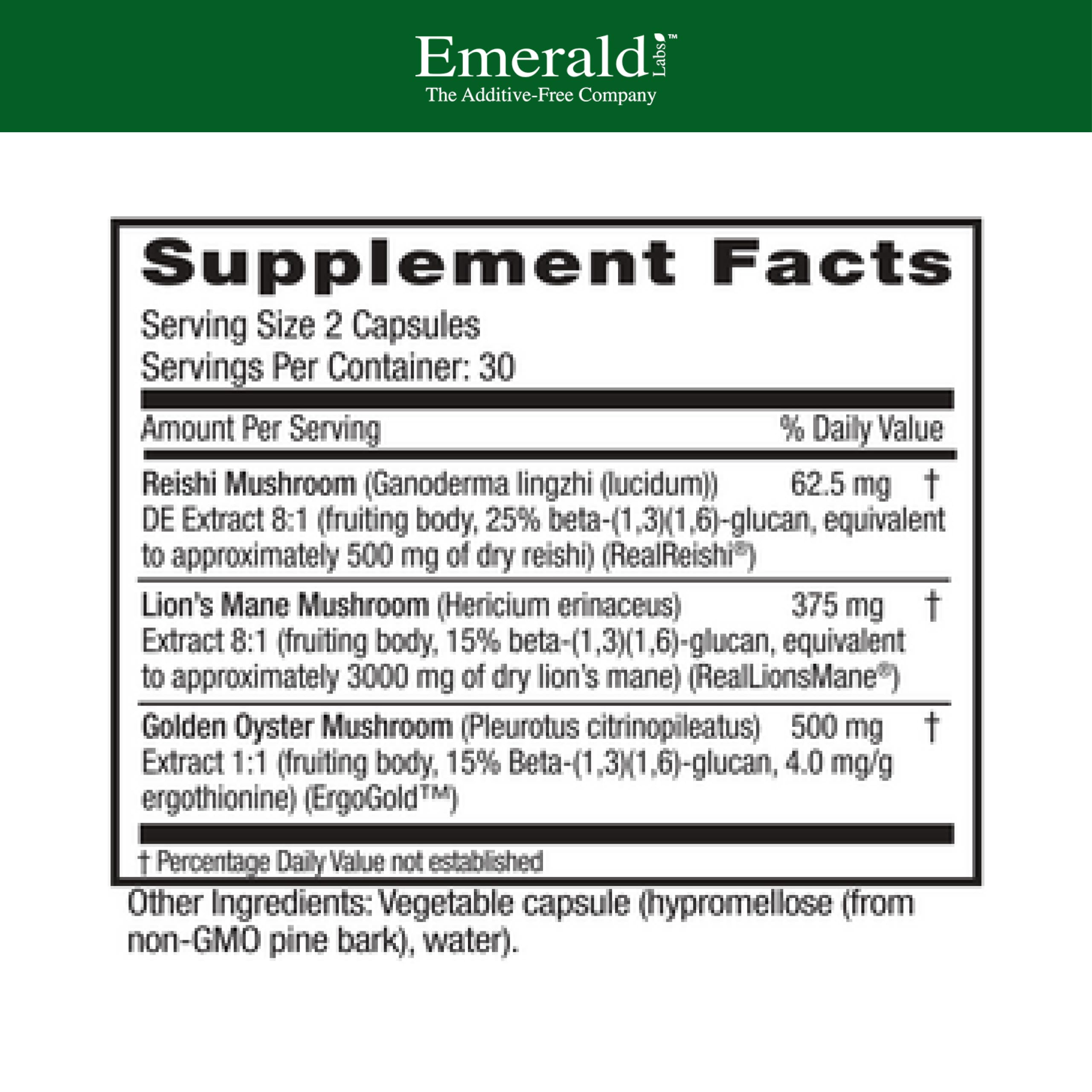 Emerald Labs Mushroom Memory & Focus Health, étiquette indiquant extraits et bénéfices potentiels