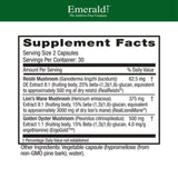 Emerald Labs Mushroom Memory & Focus Health, étiquette indiquant extraits et bénéfices potentiels