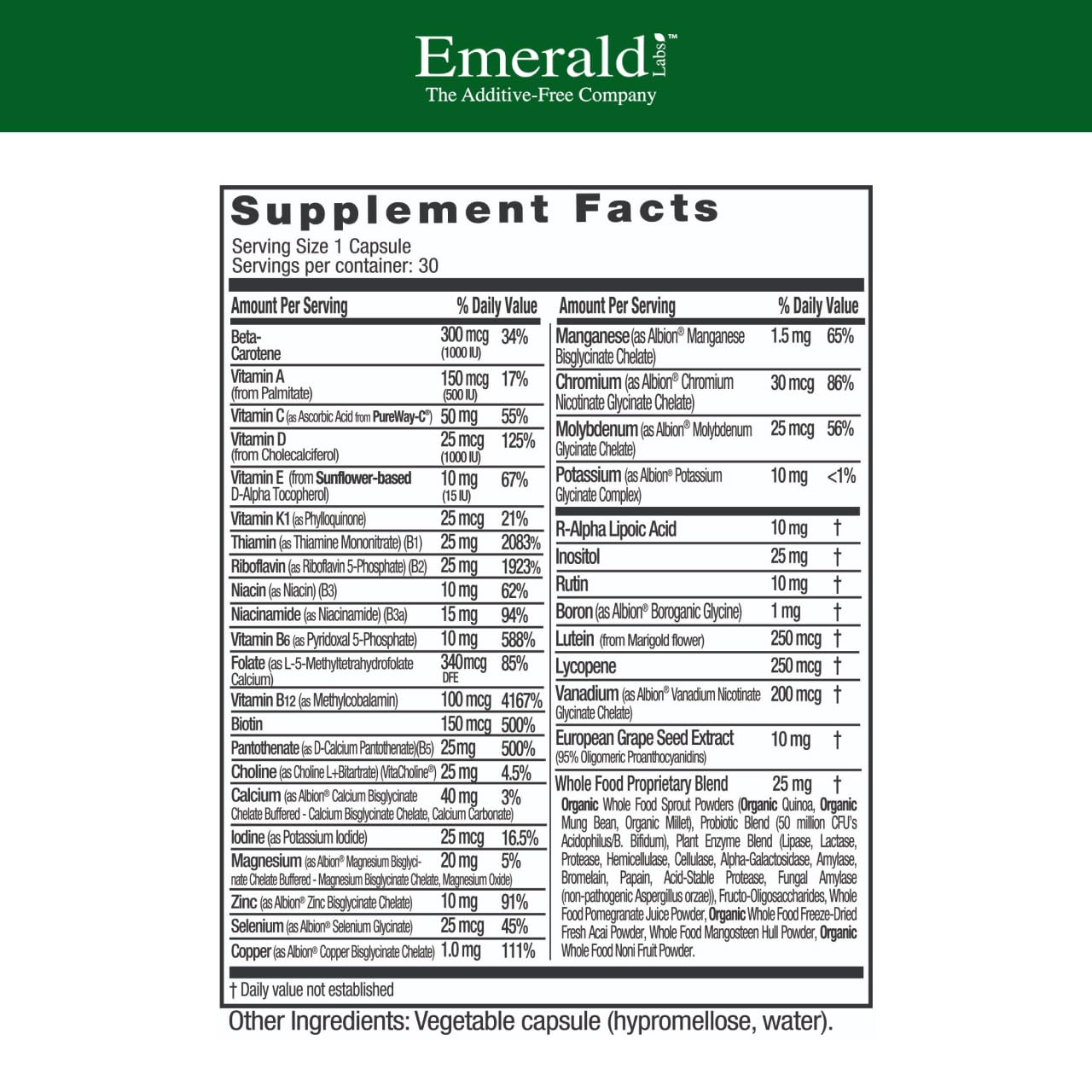 Capsules EMERALD LABS Complete 1-Daily Multi, faciles à avaler et conçues pour l’absorption.