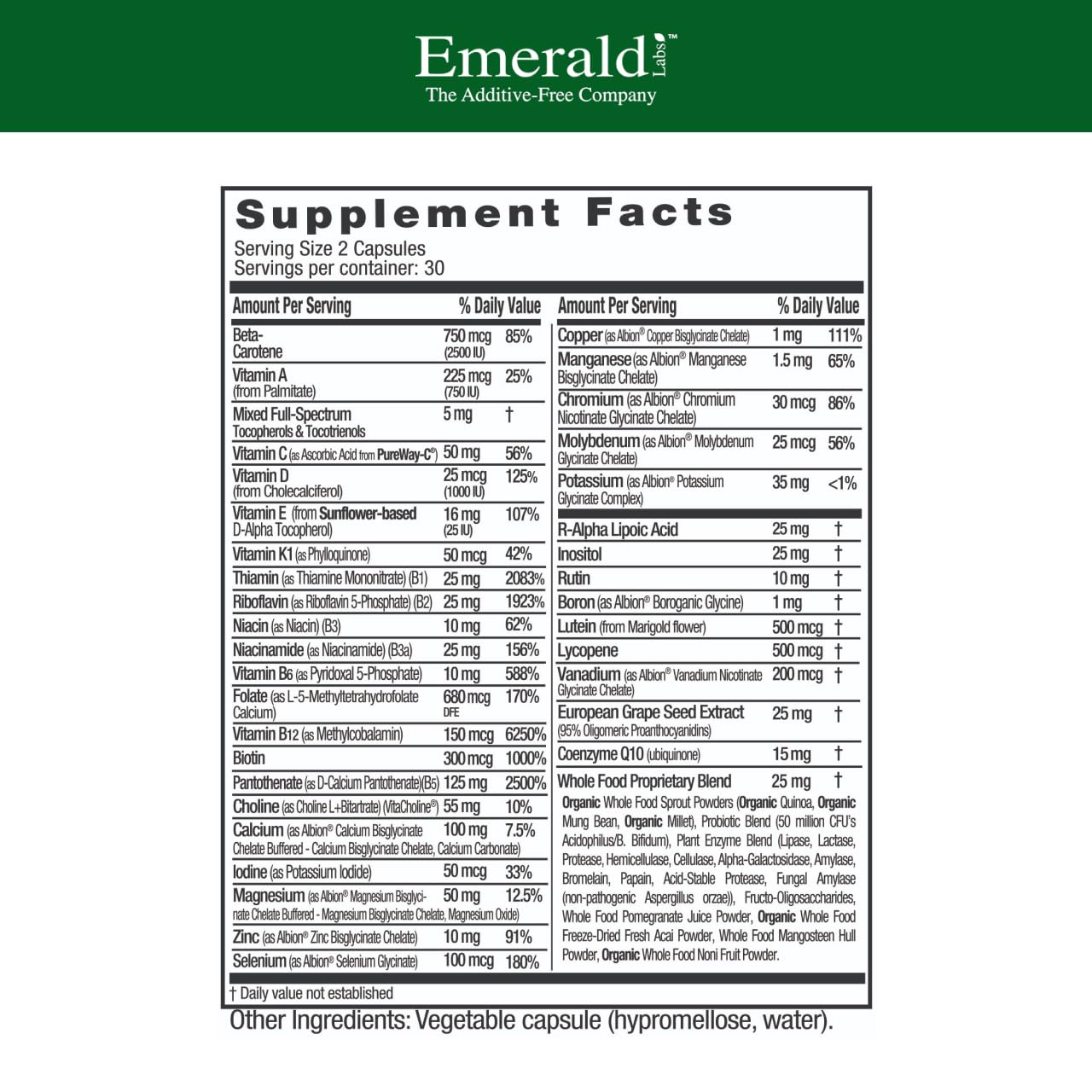 EMERALD LABS Complete Premium Multi — capsules végétales et étiquette lisible, apport nutritionnel quotidien.