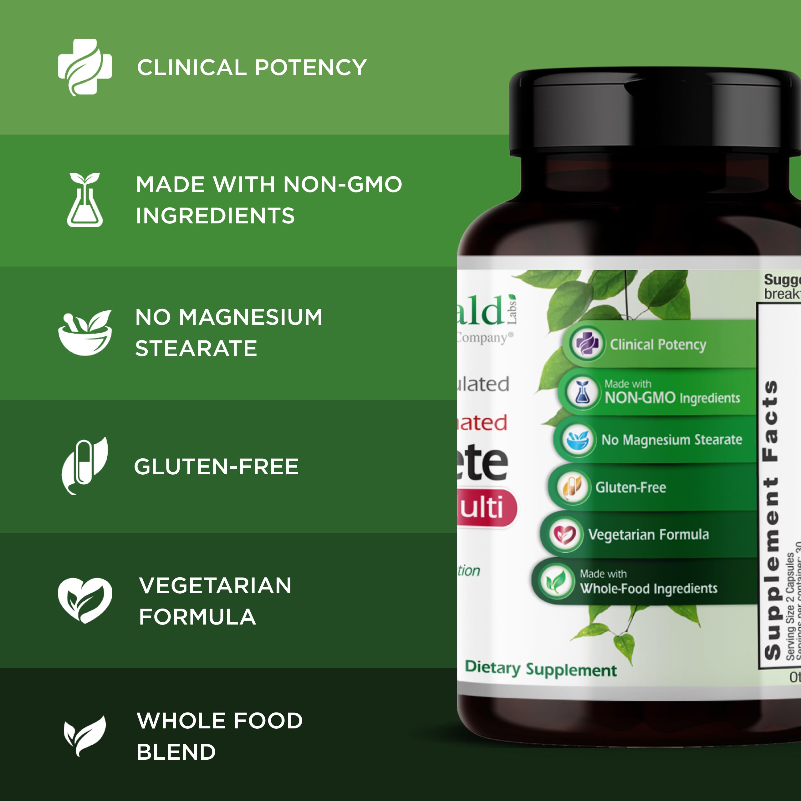 EMERALD LABS Complete Premium Multi — tableau d'ingrédients, enzymes digestives et probiotiques inclus.