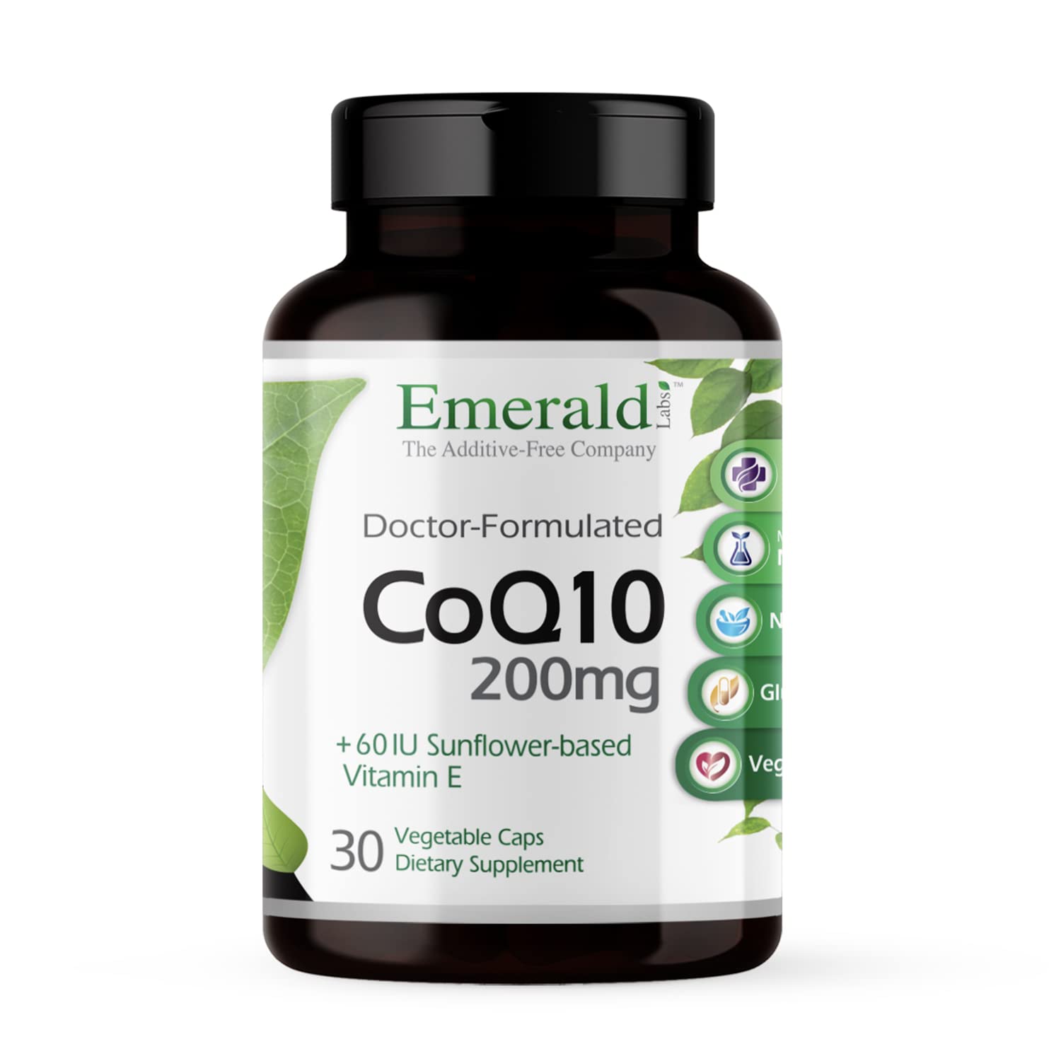 CoQ10 ÉMERALD LABS: bouteille ouverte avec capsules, soutien potentiel à l'énergie et à la circulation.