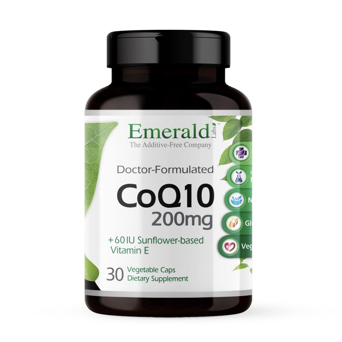 CoQ10 ÉMERALD LABS: bouteille ouverte avec capsules, soutien potentiel à l'énergie et à la circulation.