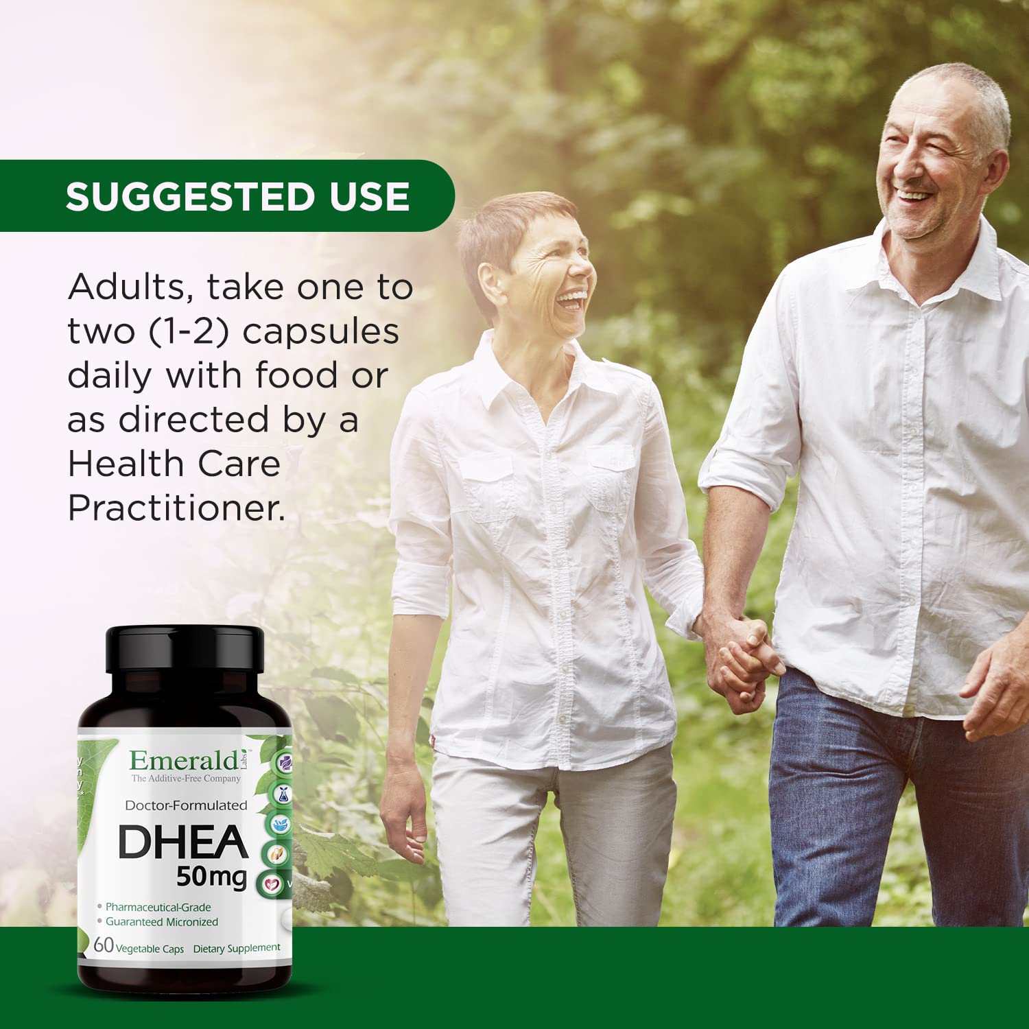 Bouteille ouverte montrant les capsules Emerald Labs DHEA 50 mg.