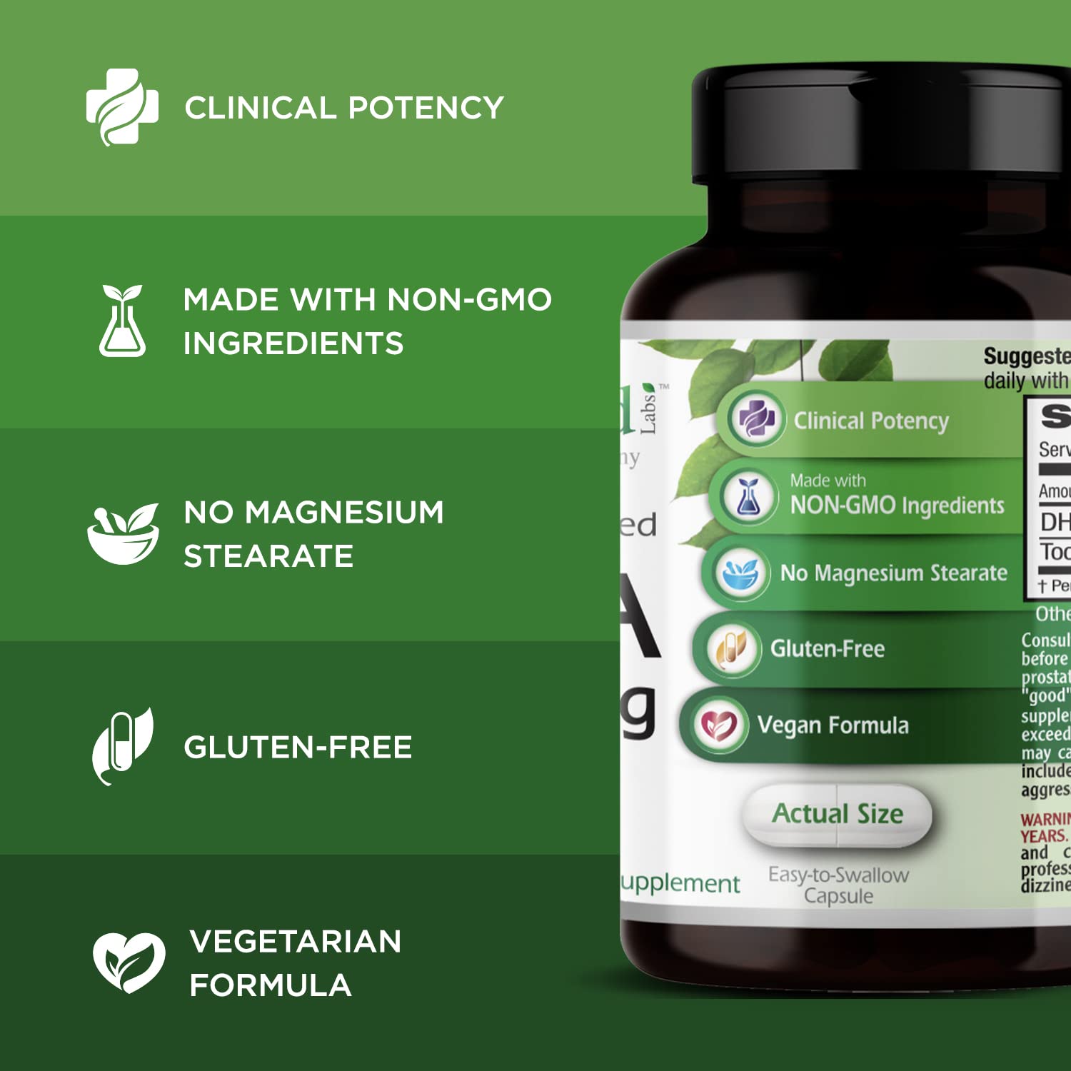 Emballage et boîte Emerald Labs DHEA 50 mg propres et clairs.