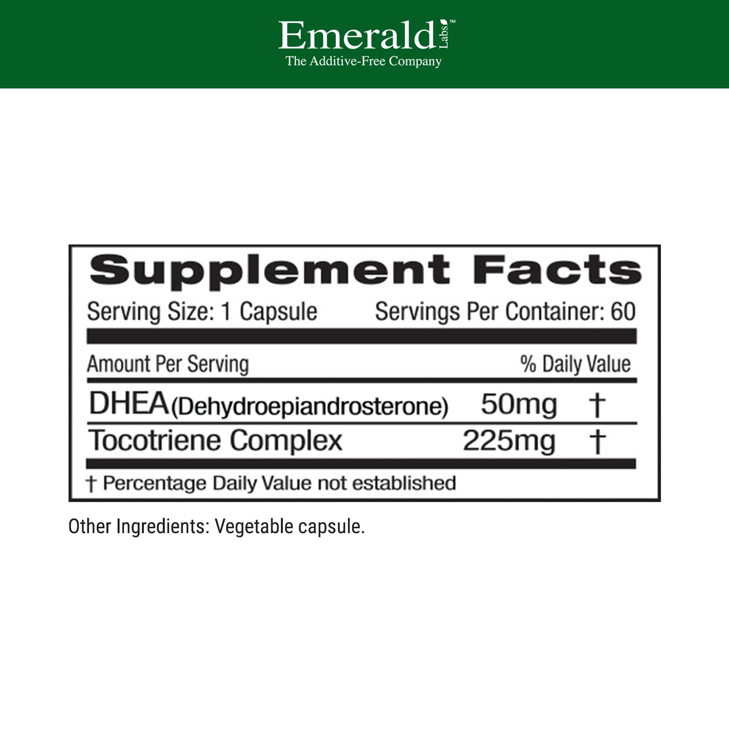 Étiquette lisible sur la bouteille Emerald Labs DHEA 50 mg.