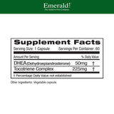 Étiquette lisible sur la bouteille Emerald Labs DHEA 50 mg.