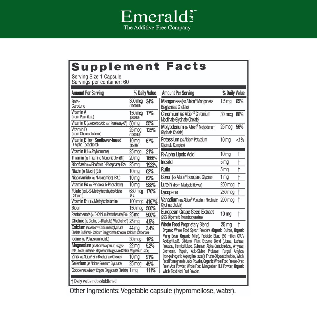 EMERALD LABS : étiquette calcium Albion et vitamine D3, soutien des os.