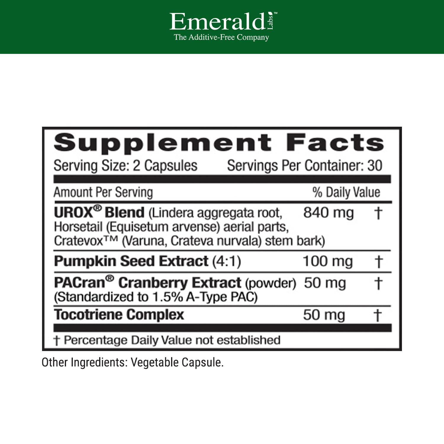 EMERALD LABS Extrait de canneberge PACran – ingrédients visibles, soutien urinaire potentiel.