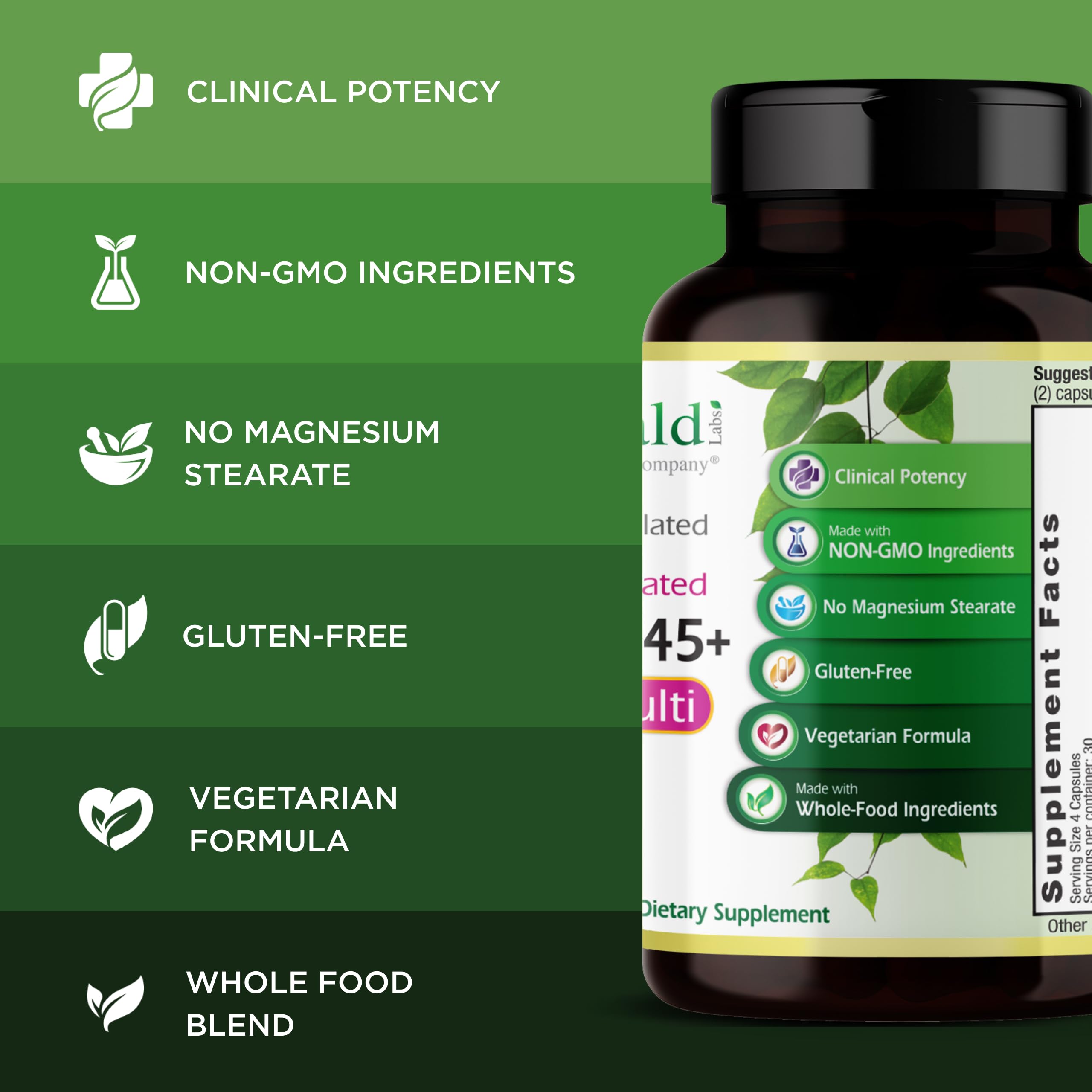 Emballage végétarien d'Emerald Labs Femmes 45+ Multi pour choix diététiques.