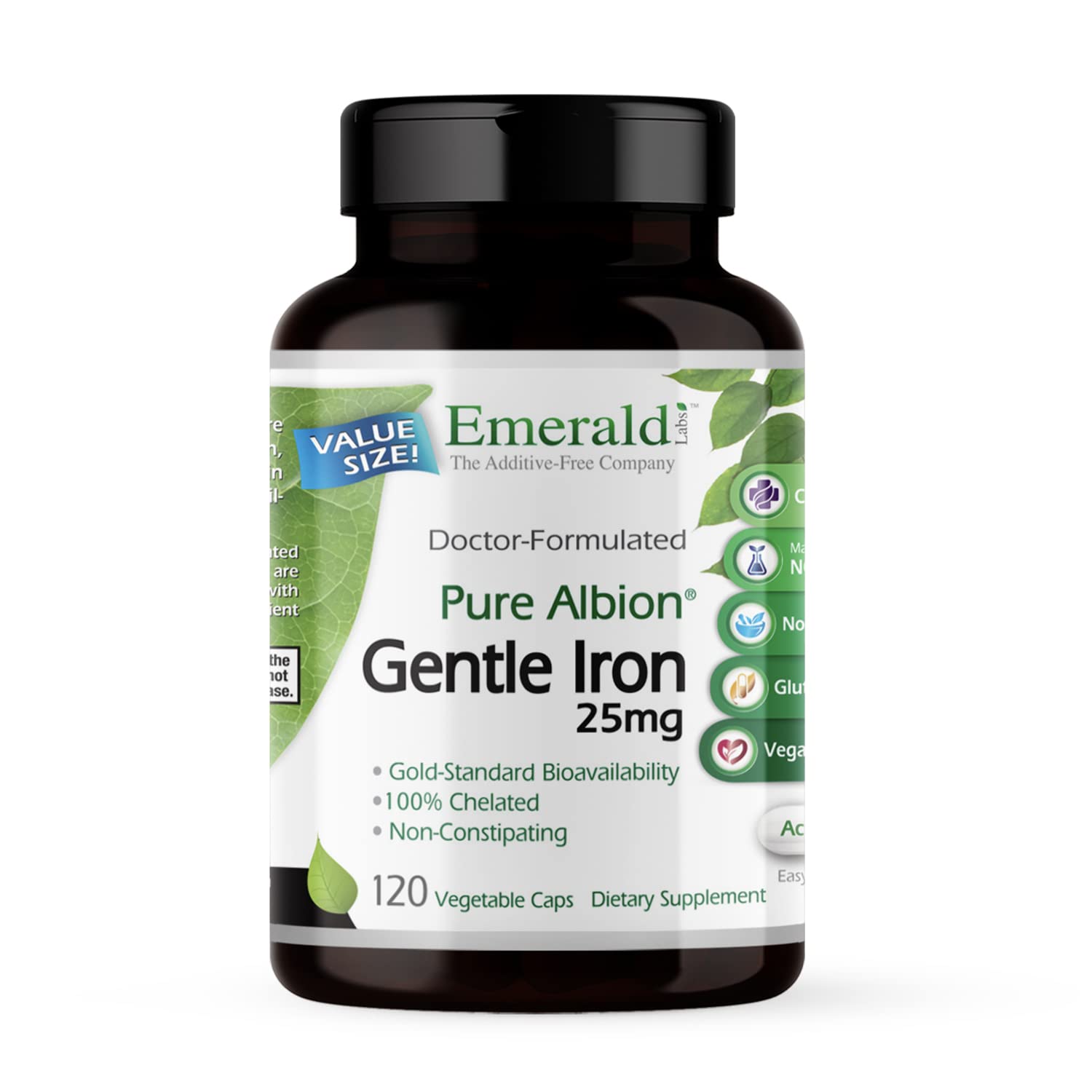 Emerald Labs Gentle Iron, bouteille, soutien énergétique potentiel et absorption douce.