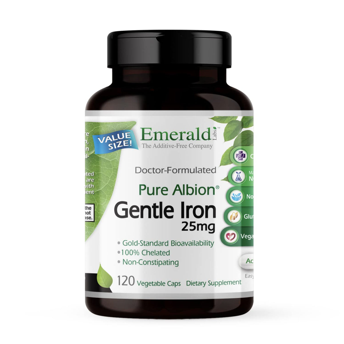 Emerald Labs Gentle Iron, bouteille, soutien énergétique potentiel et absorption douce.