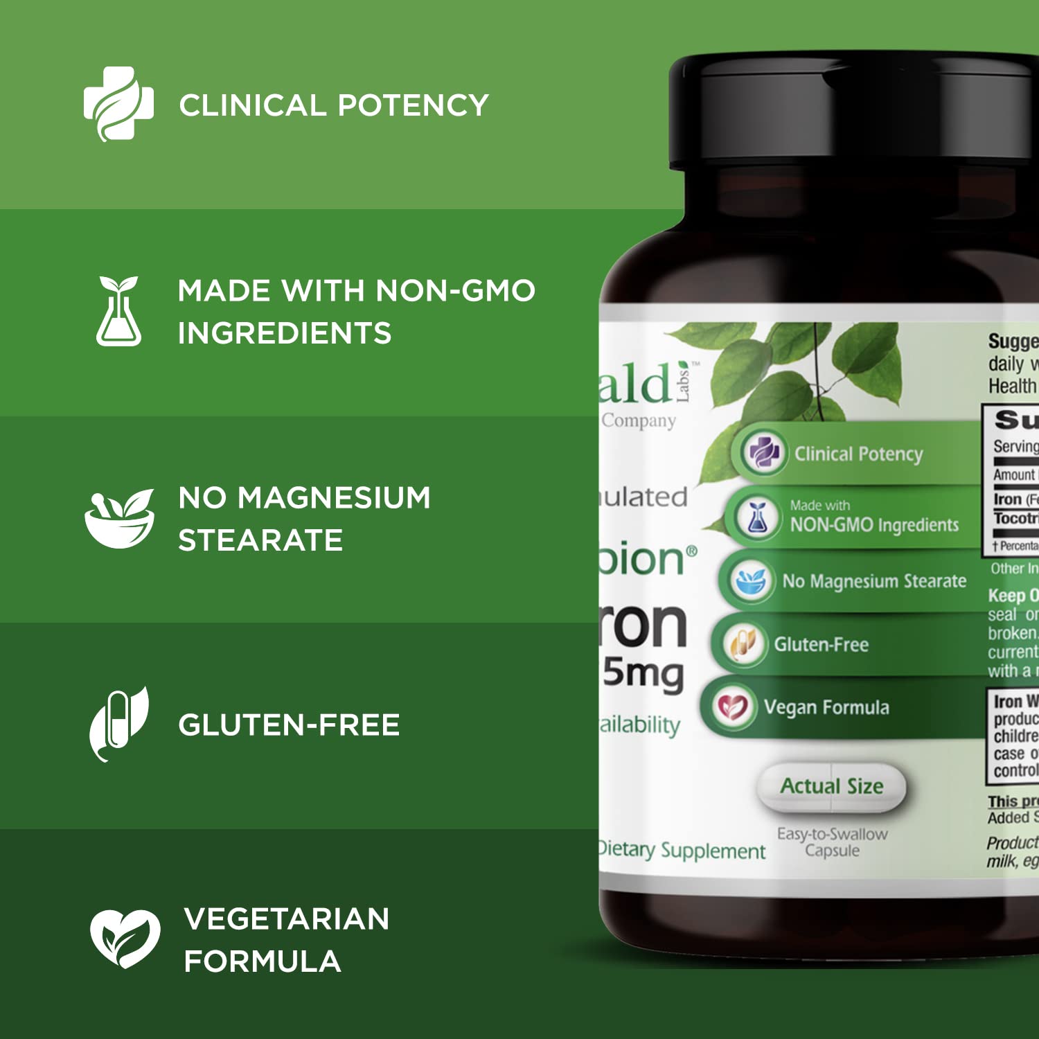 Emerald Labs Gentle Iron, dosage 25 mg, fer bisglycinate pour un complément quotidien.