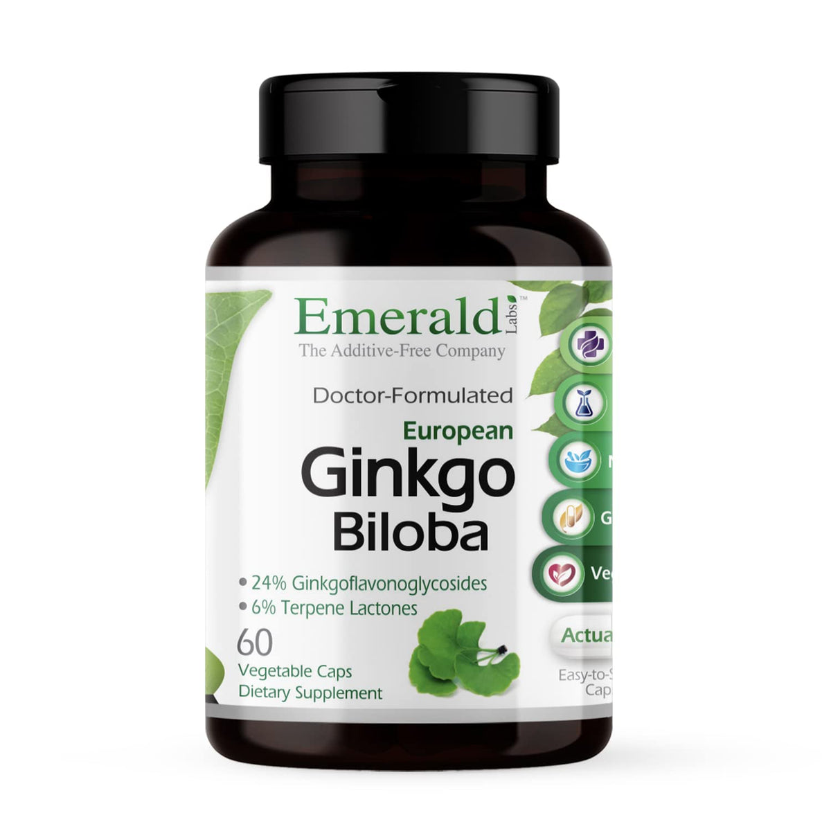 EMERALD LABS Extrait de Ginkgo Biloba – bouteille avec 60 capsules, format pratique.