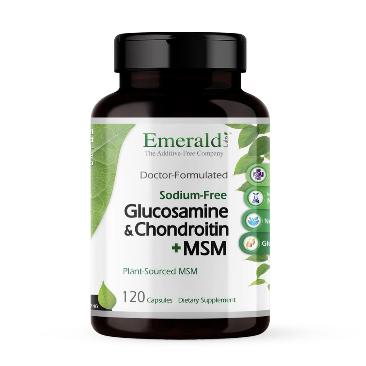 Emerald Labs Glucosamine-Chondroitine-MSM, flacon: soutien potentiel à la mobilité et au confort articulaire.