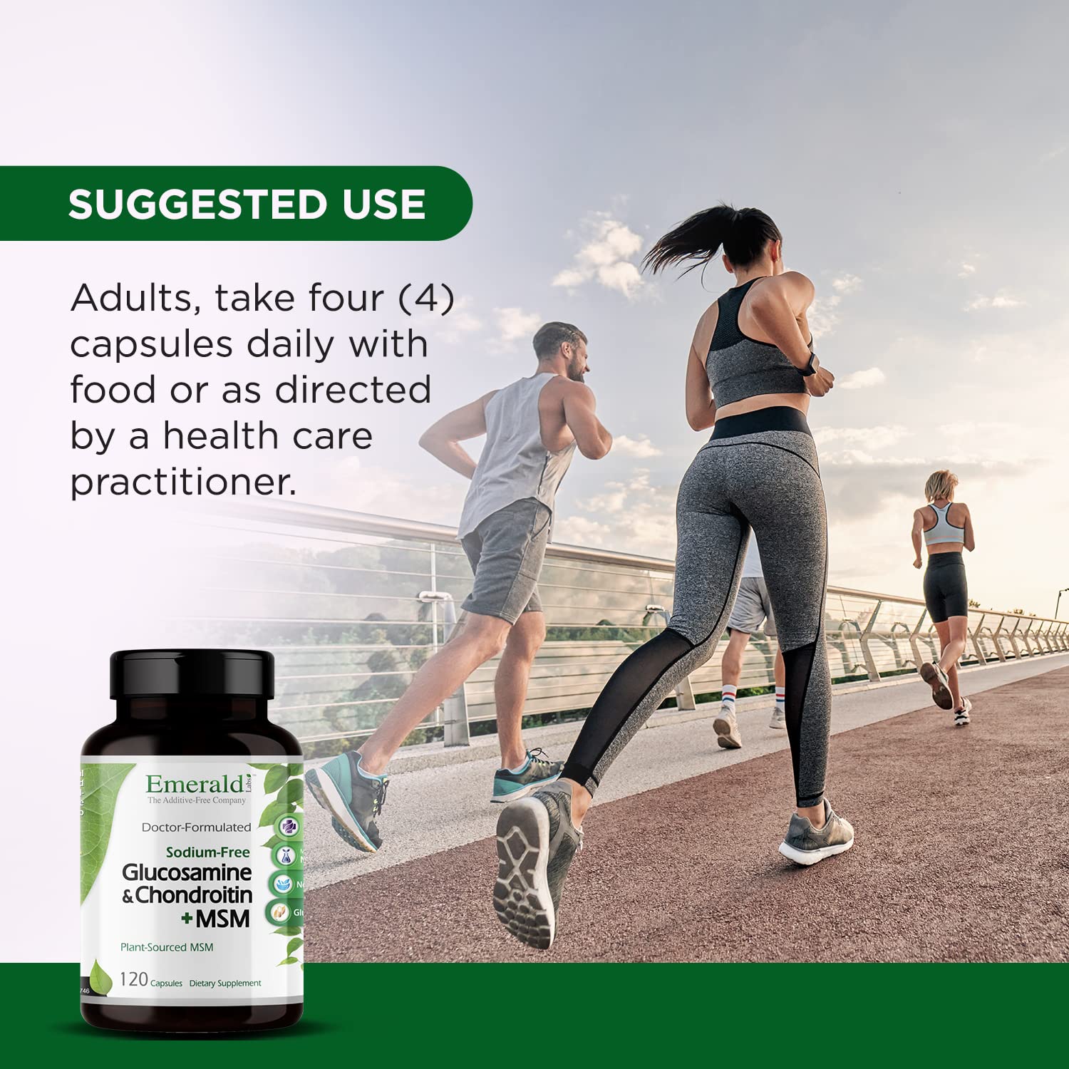 Emerald Labs glucosamine-chondroitine-msm, étiquette claire: informations essentielles visibles.