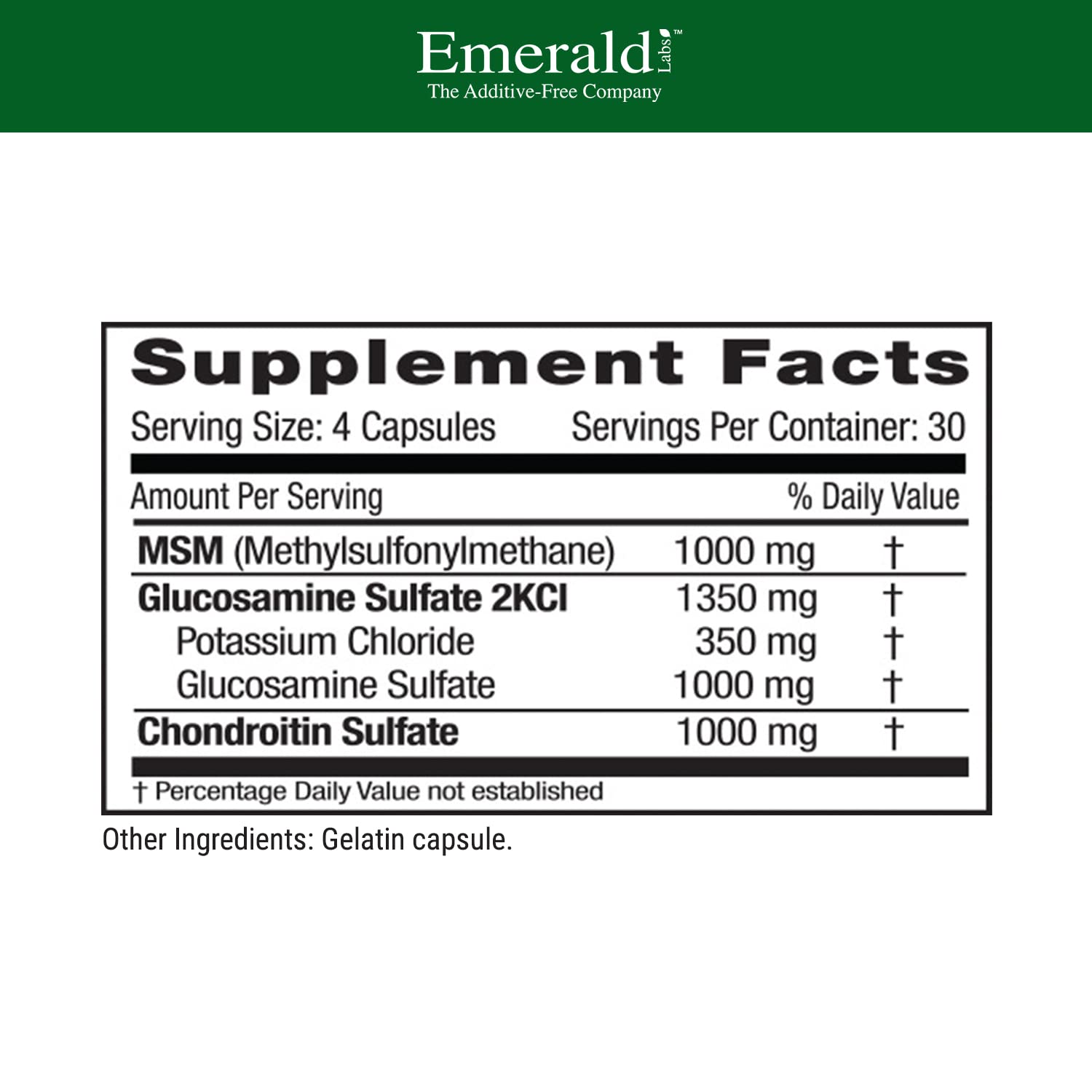 Emerald Labs glucosamine-chondroitine-msm, tableau nutrition: doses par service clairement affichées.