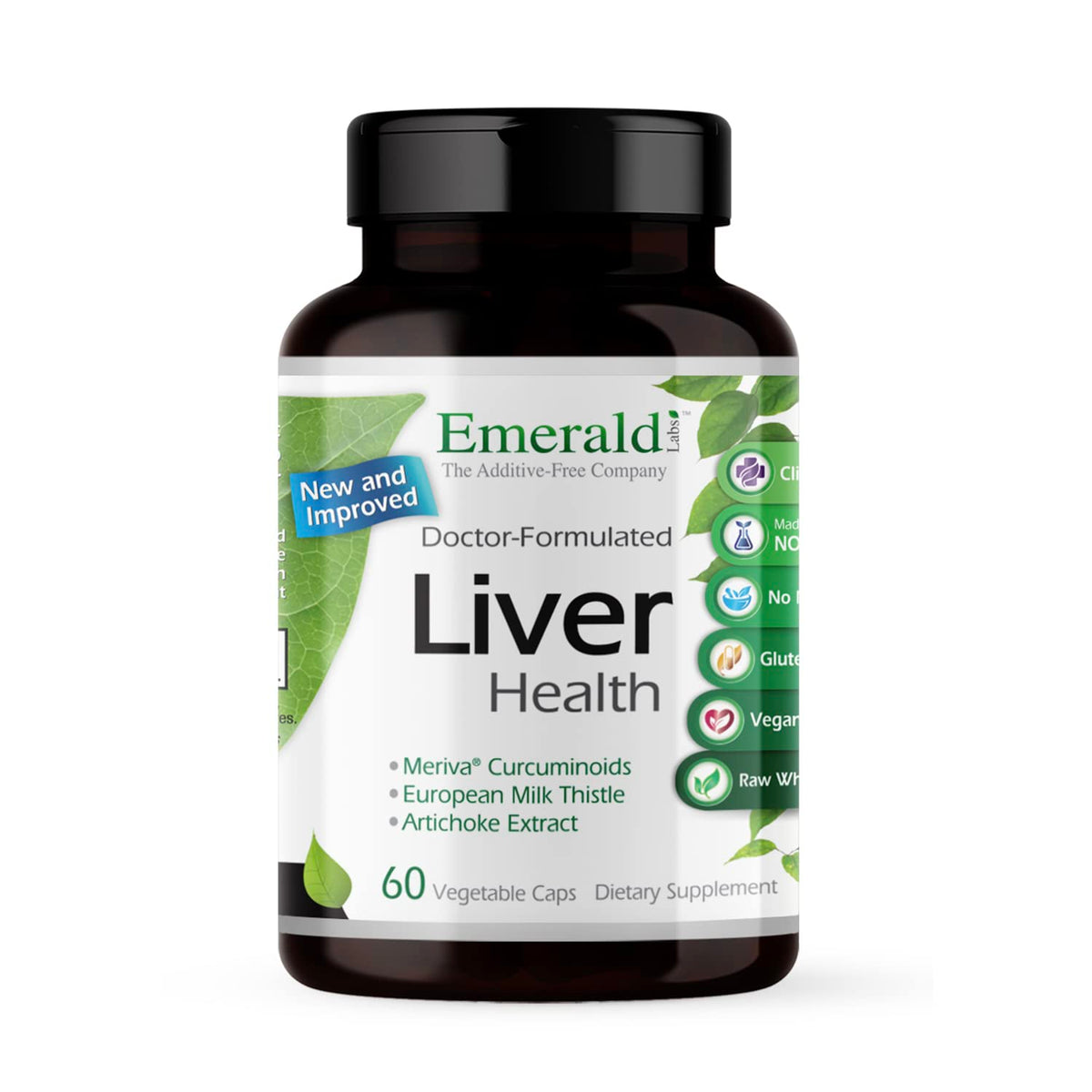 Emerald Labs Liver Health, bouteille sur table prête à l'usage quotidien.